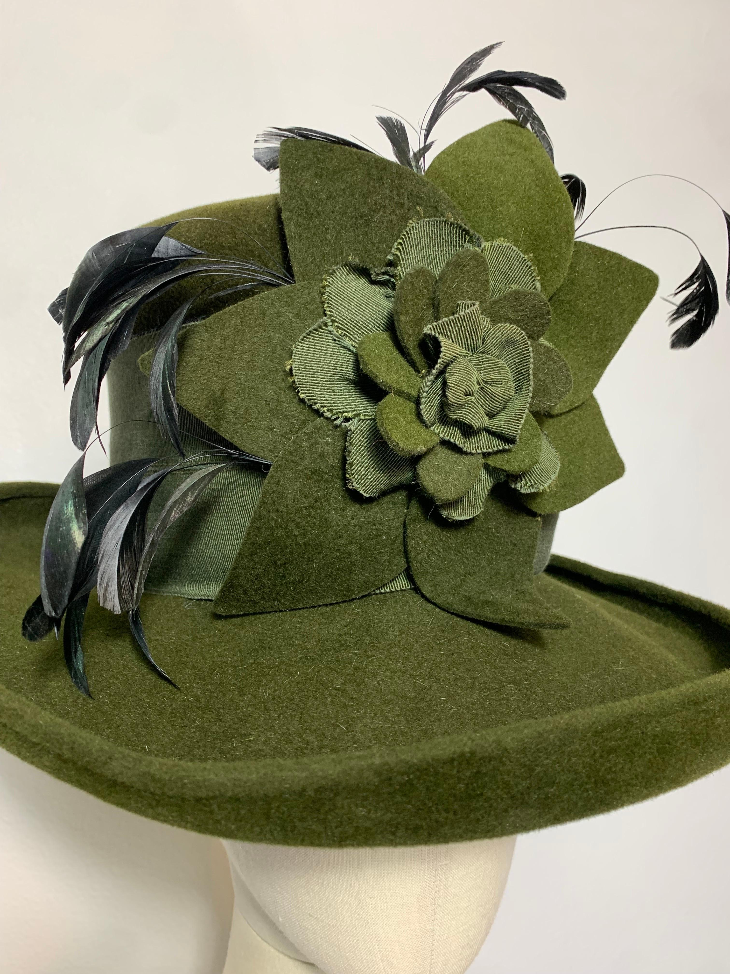 Maison Michel Olive Green Turned Brim Tall Top Hat w Flower Feathers & Grosgrain In Excellent Condition For Sale In Gresham, OR