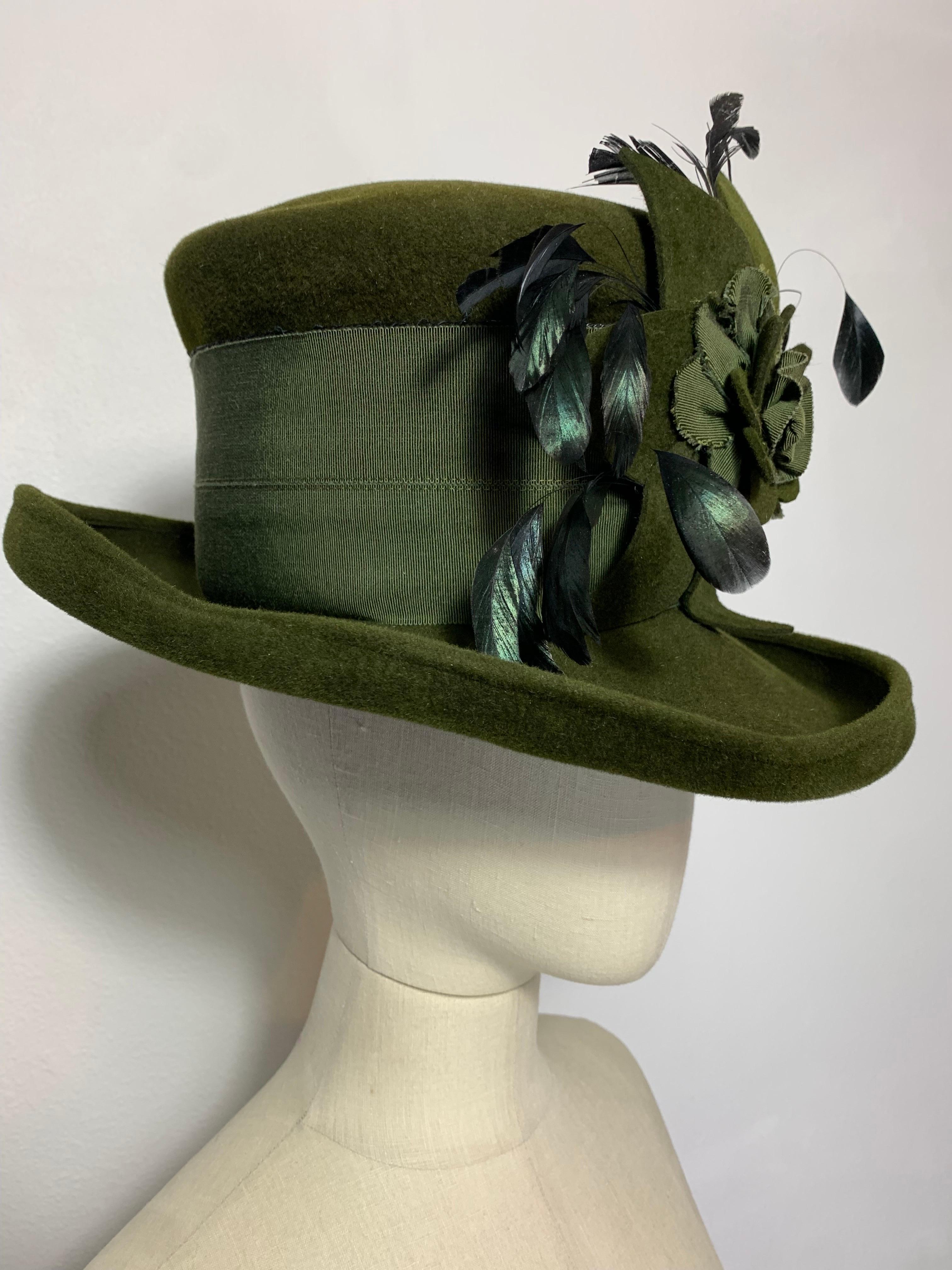 Women's or Men's Maison Michel Olive Green Turned Brim Tall Top Hat w Flower Feathers & Grosgrain For Sale