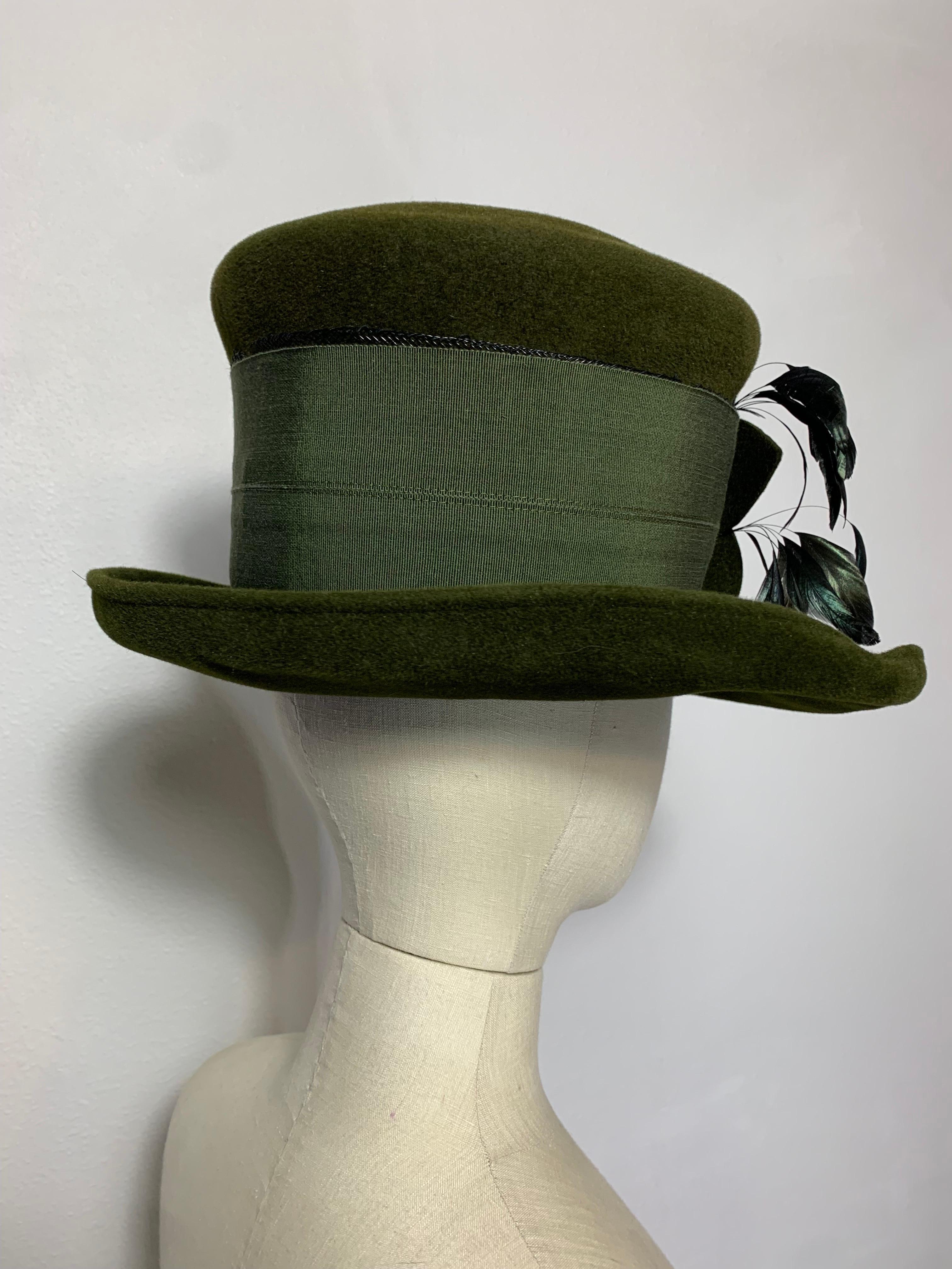 Women's or Men's Maison Michel Olive Green Turned Brim Tall Top Hat w Flower Feathers & Grosgrain For Sale