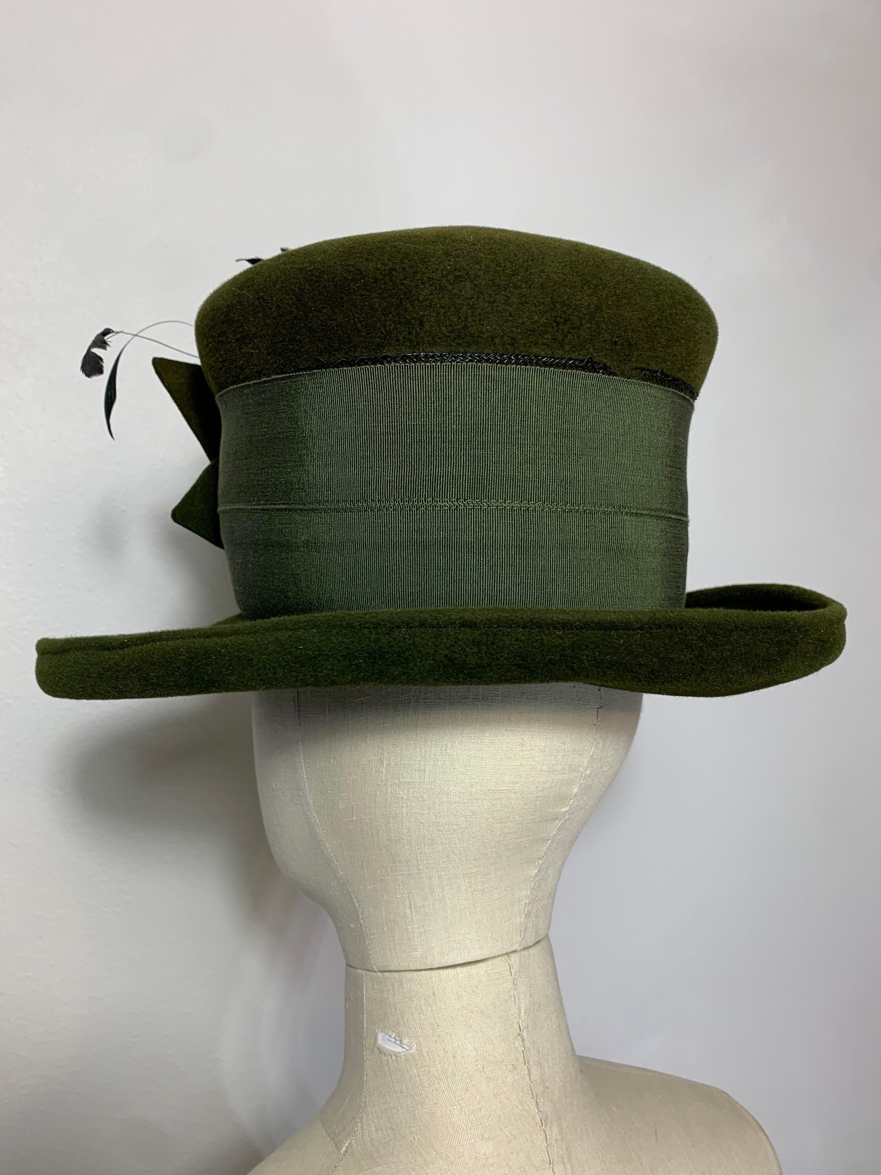 Maison Michel Olive Green Turned Brim Tall Top Hat w Flower Feathers & Grosgrain For Sale 2