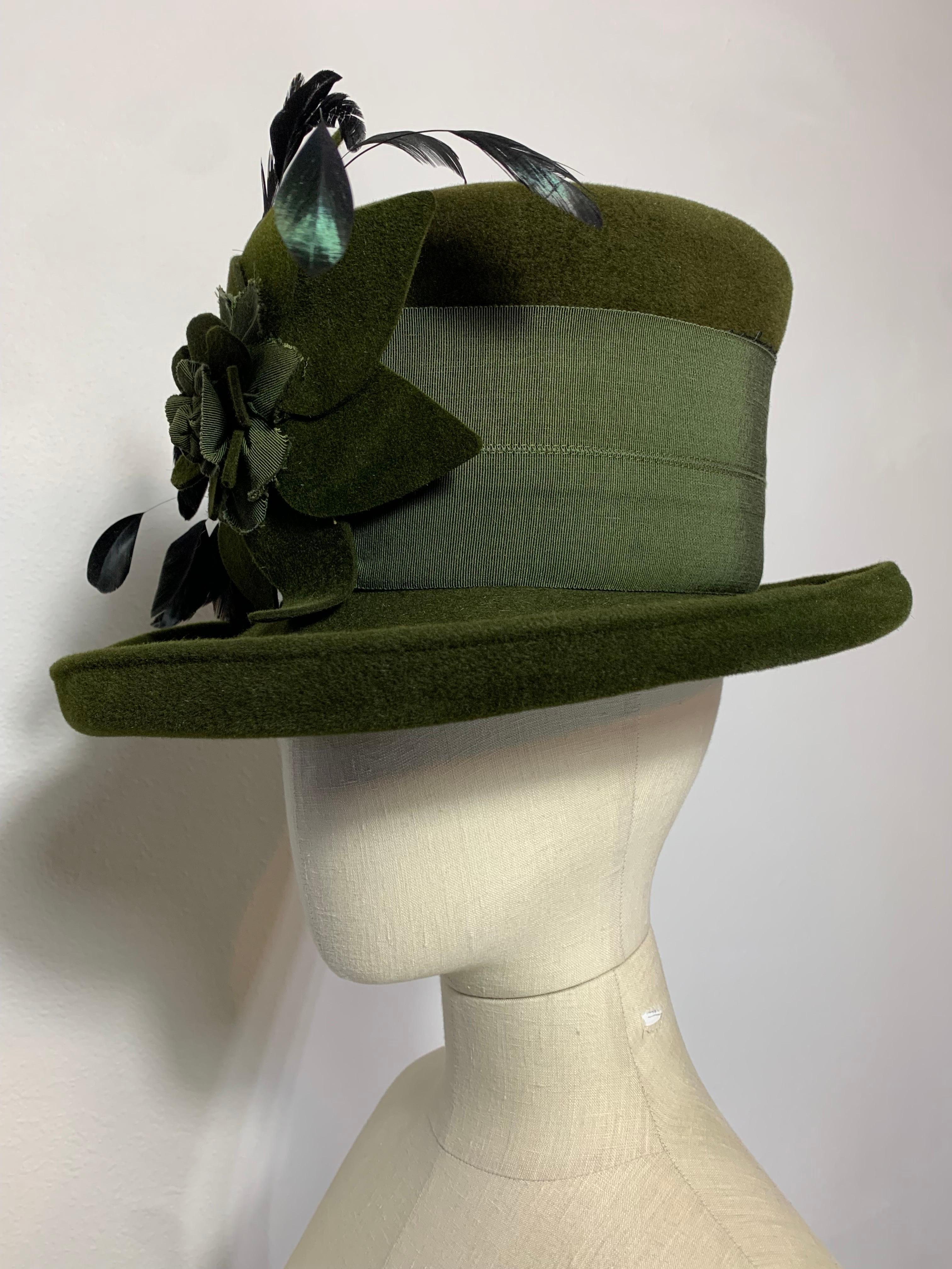 Maison Michel Olive Green Turned Brim Tall Top Hat w Flower Feathers & Grosgrain For Sale 3