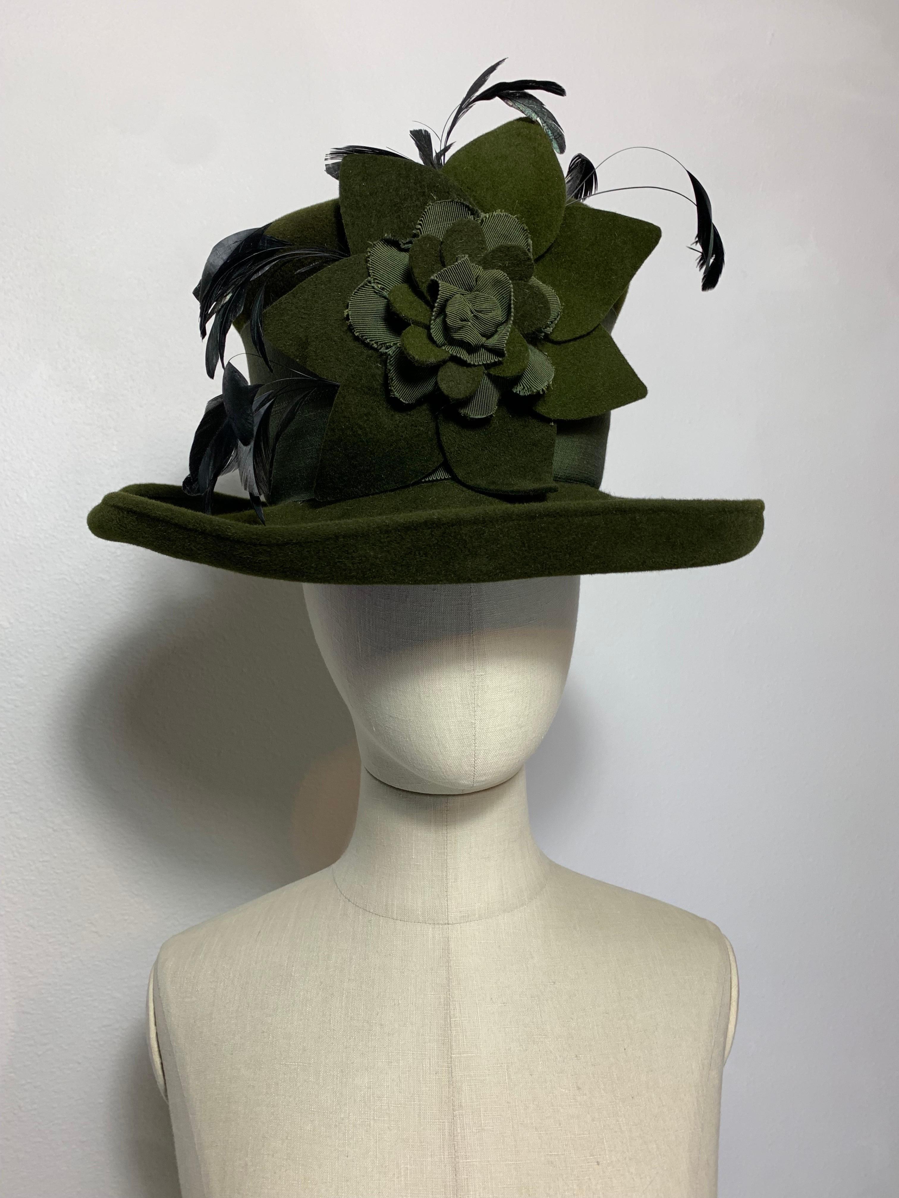 Maison Michel Olive Green Turned Brim Tall Top Hat w Flower Feathers & Grosgrain For Sale 4