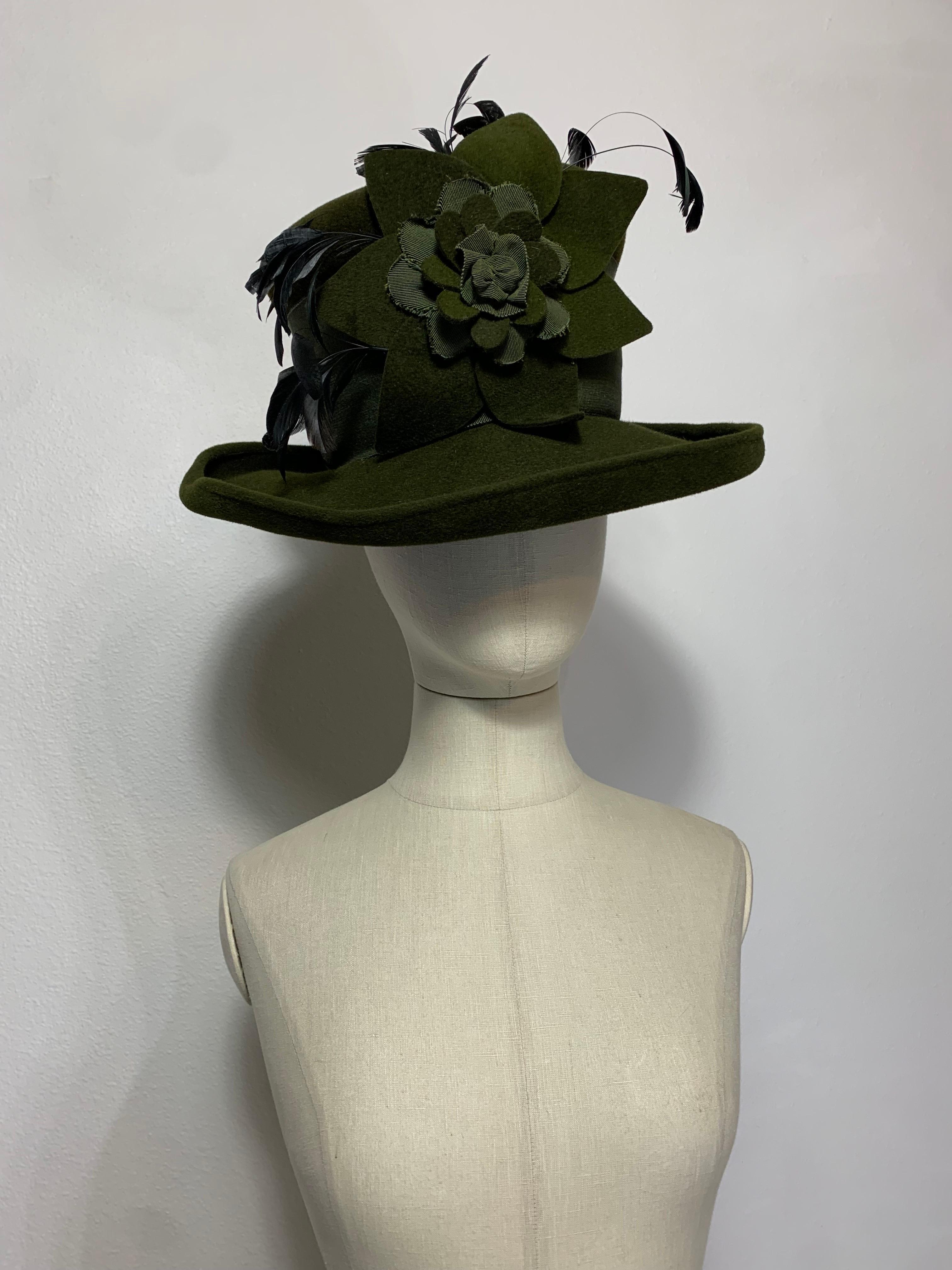 Maison Michel Olive Green Turned Brim Tall Top Hat w Flower Feathers & Grosgrain For Sale 5