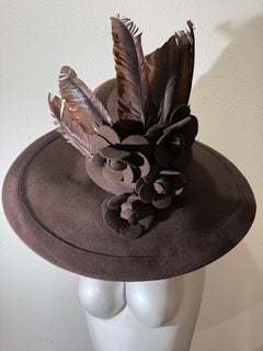 Maison Michel Paris Chocolate Brown Wool Felt Fedora Hat w Camelias & Feathers