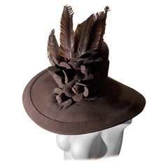 Maison Michel Paris Chocolate Brown Wool Felt Fedora Hat w Camelias & Feathers