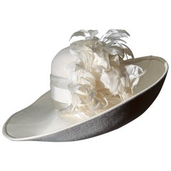 Maison Michel-Paris Winter White Felt Hat Upswept Brim & Gorgeous Feather Flower