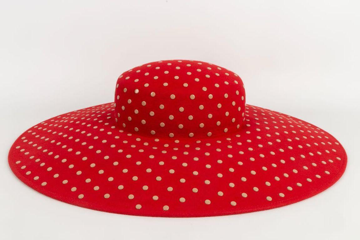 Women's Maison Michel Red Felt Hat with Beige Metal Dots For Sale