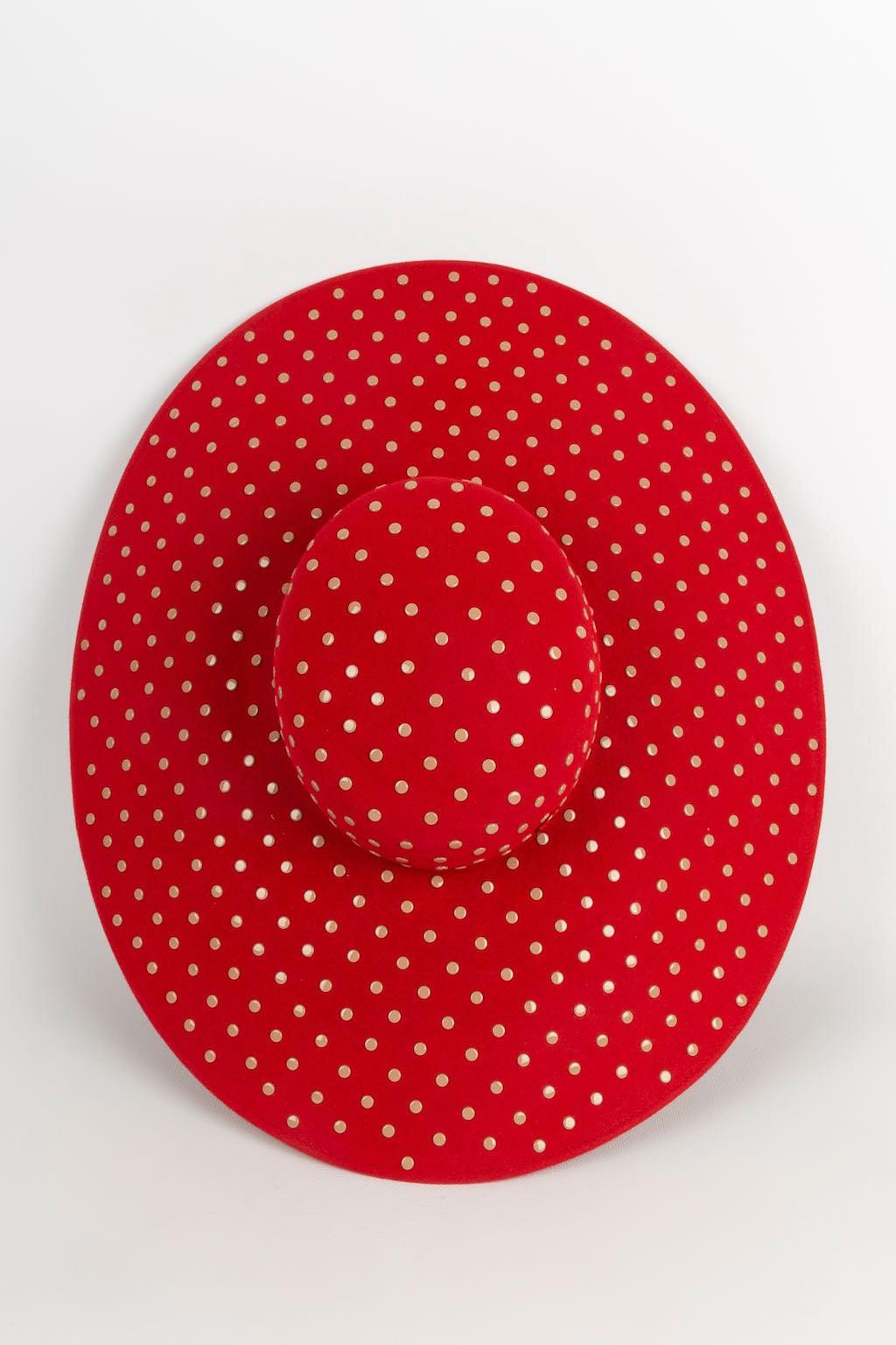 Maison Michel Red Felt Hat with Beige Metal Dots For Sale 1