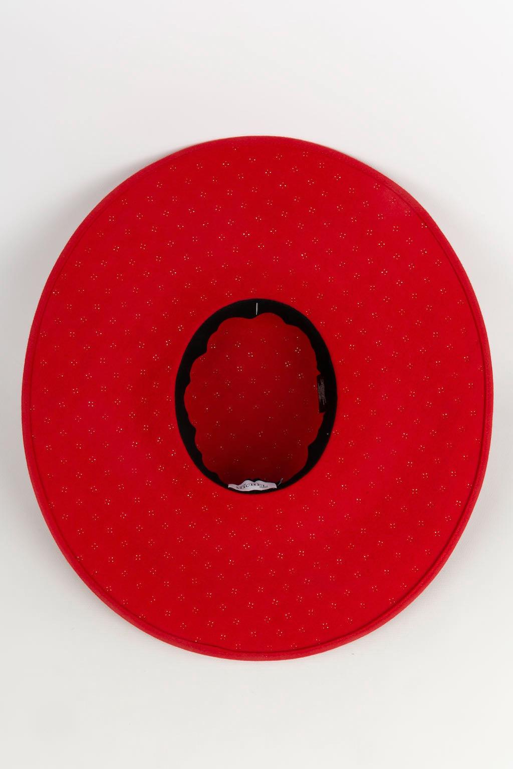 Maison Michel Red Felt Hat with Beige Metal Dots For Sale 2