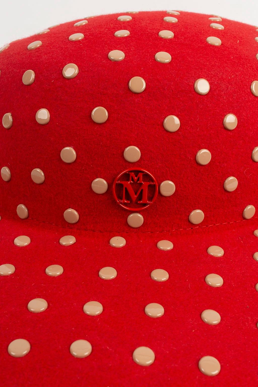 Maison Michel Red Felt Hat with Beige Metal Dots For Sale 3