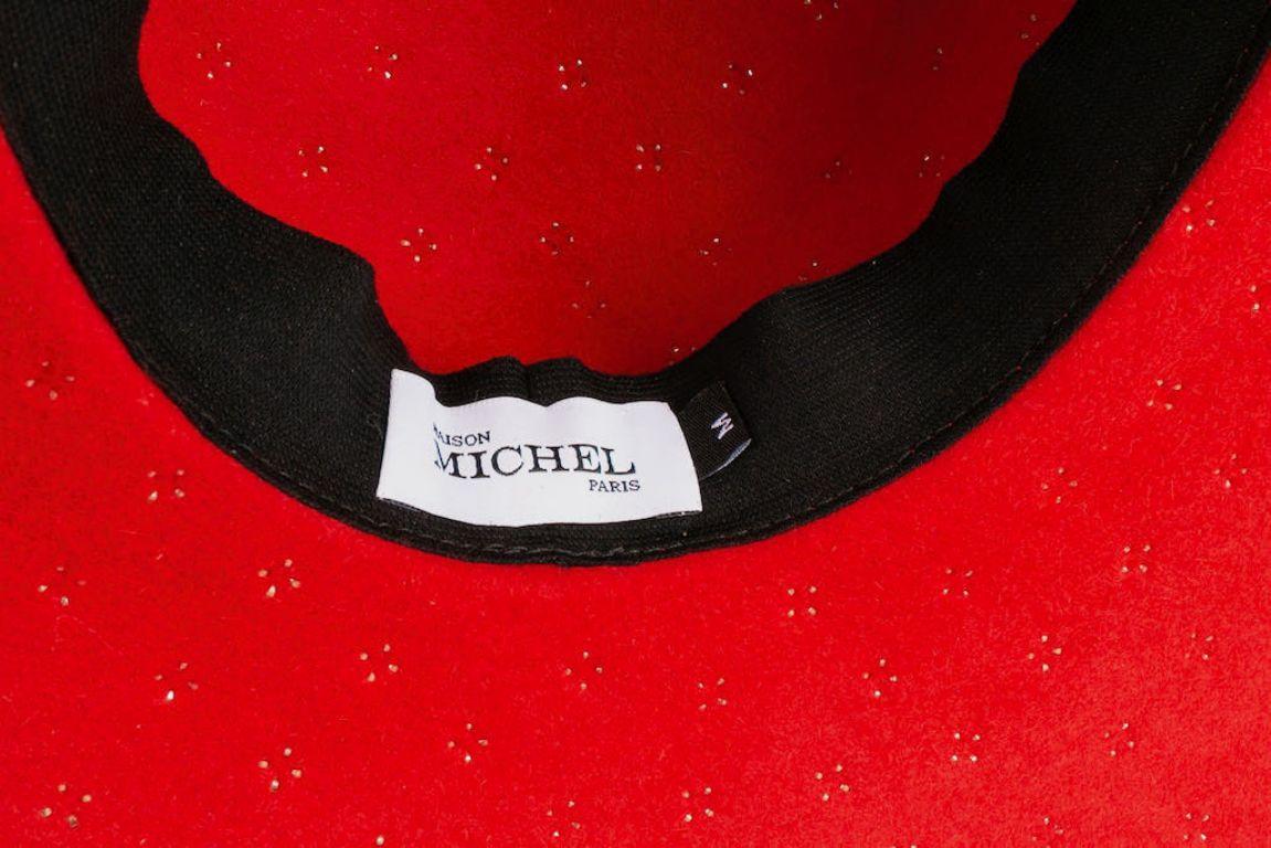 Maison Michel Red Felt Hat with Beige Metal Dots For Sale 4