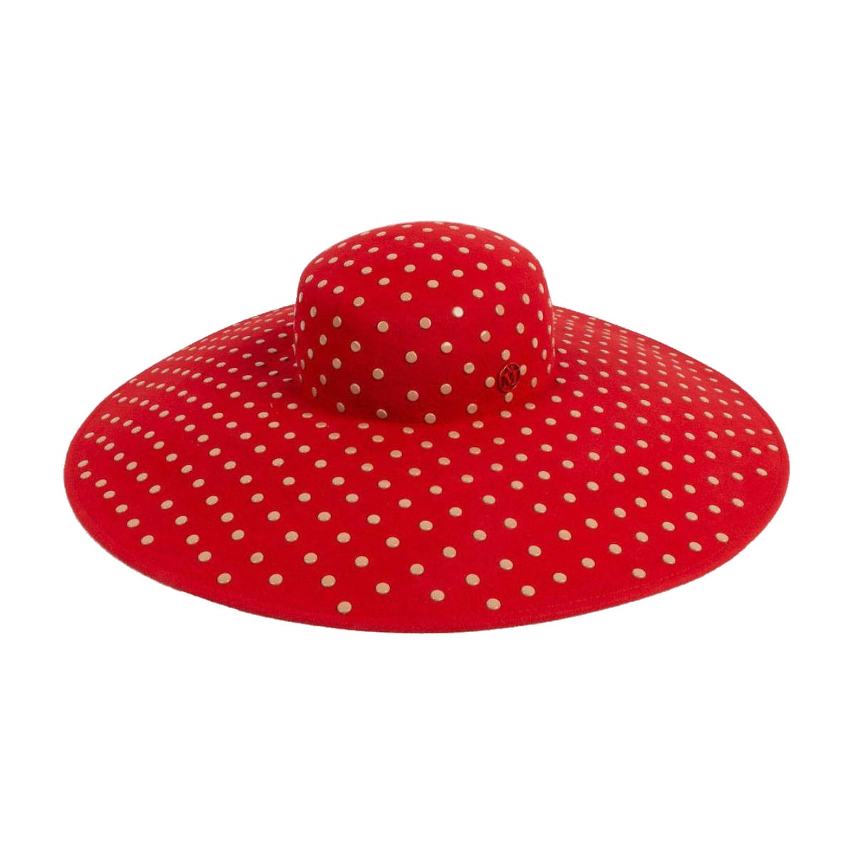 Sombrero de fieltro rojo Maison Michel con lunares metálicos beige en venta