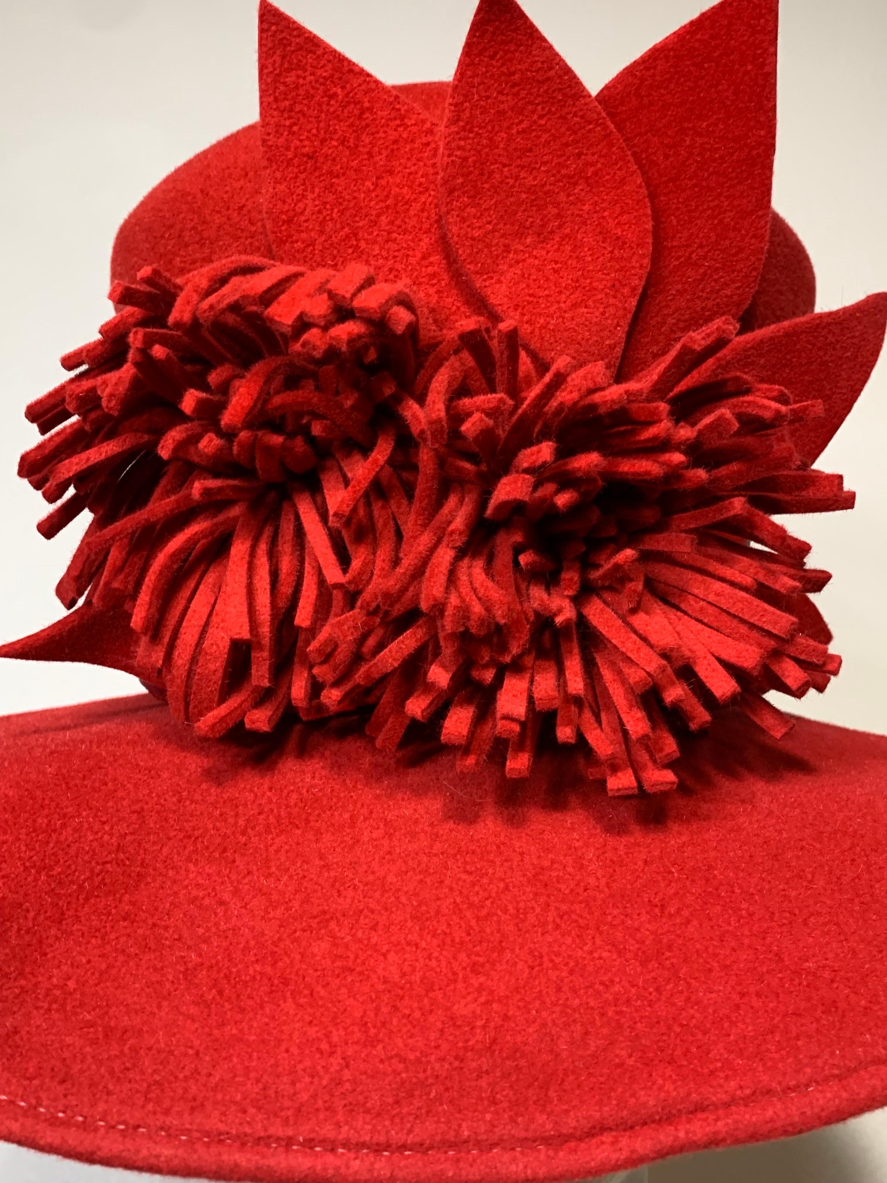 Maison Michel Scarlet Red Wool Felt Wide Brim Hat w Fringe Flower & Leaves  For Sale 6