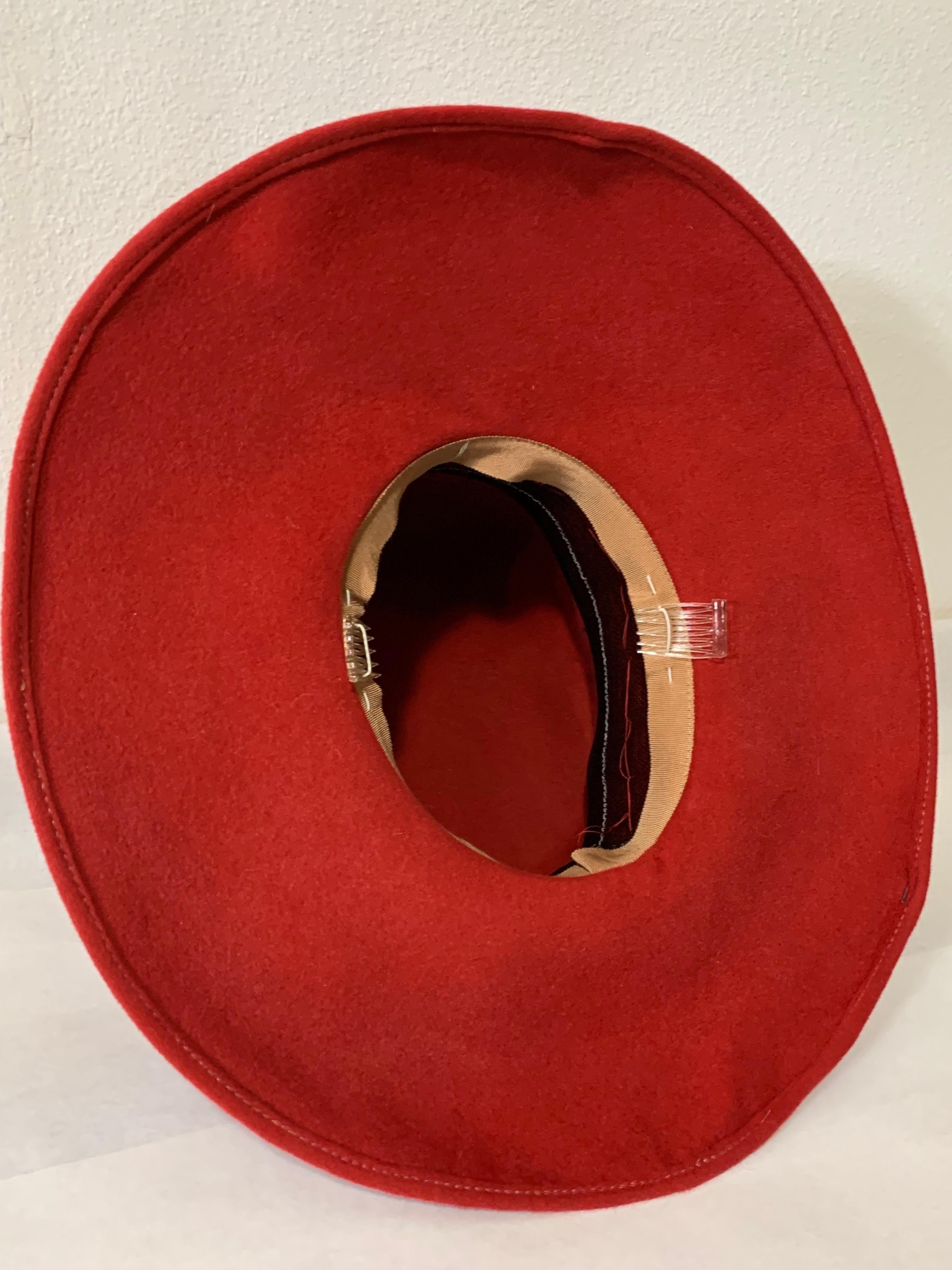 Maison Michel Scarlet Red Wool Felt Wide Brim Hat w Fringe Flower & Leaves  For Sale 8