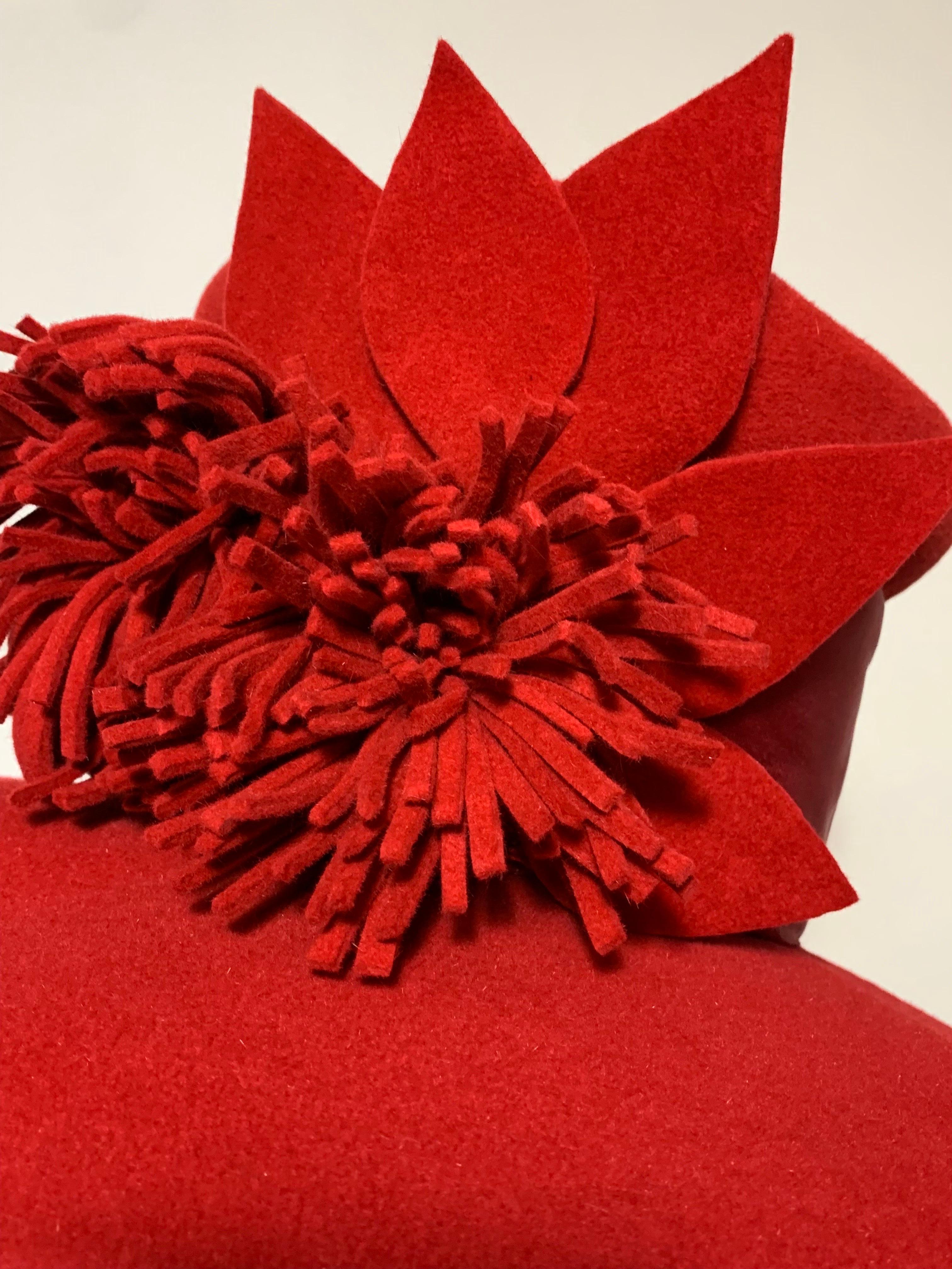Maison Michel Scarlet Red Wool Felt Wide Brim Hat w Fringe Flower & Leaves : Tall body, rounded crown hat with wired 17 1/2