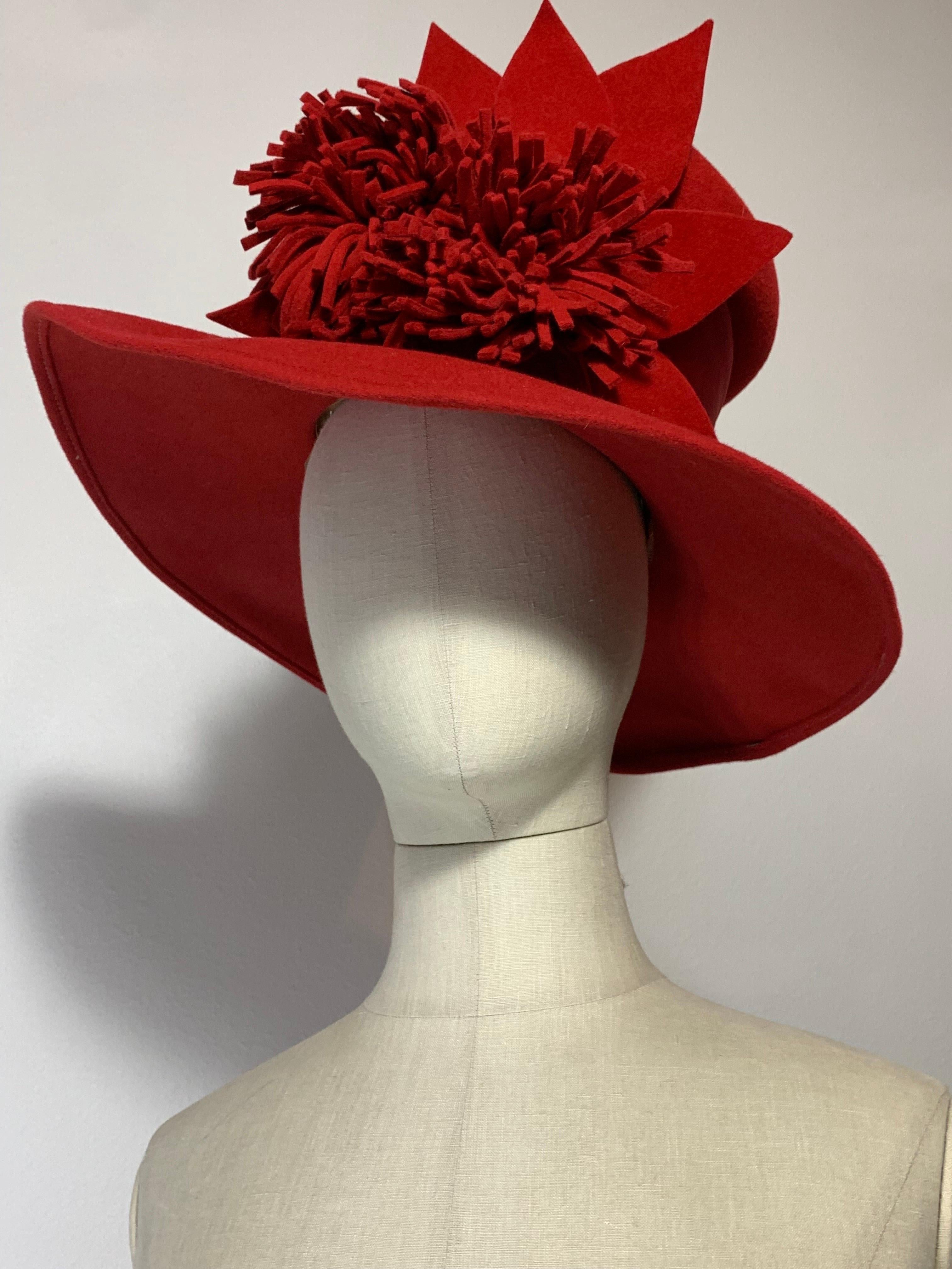 Maison Michel Scarlet Red Wool Felt Wide Brim Hat w Fringe Flower & Leaves  In Excellent Condition For Sale In Gresham, OR
