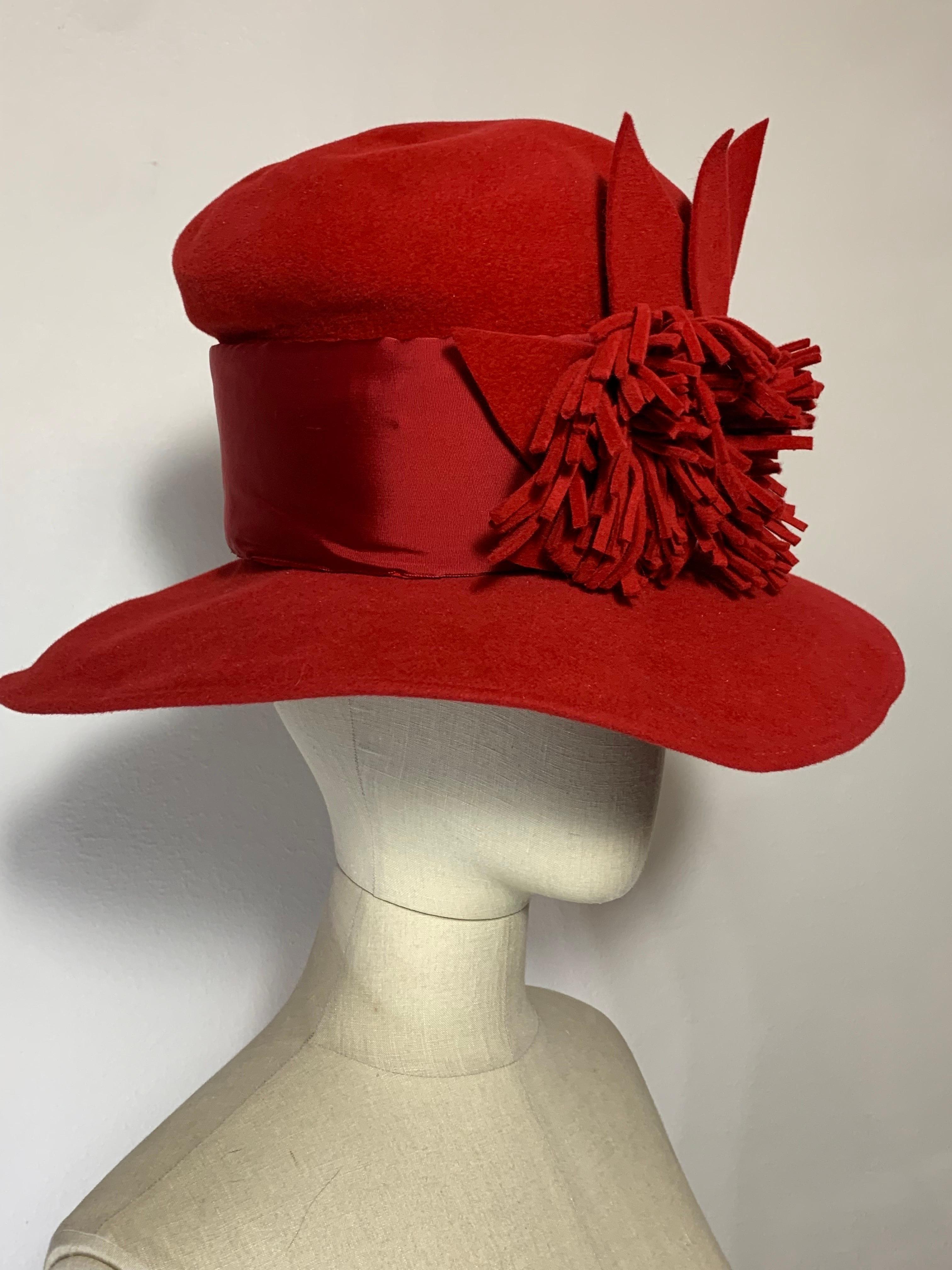 Women's or Men's Maison Michel Scarlet Red Wool Felt Wide Brim Hat w Fringe Flower & Leaves  For Sale