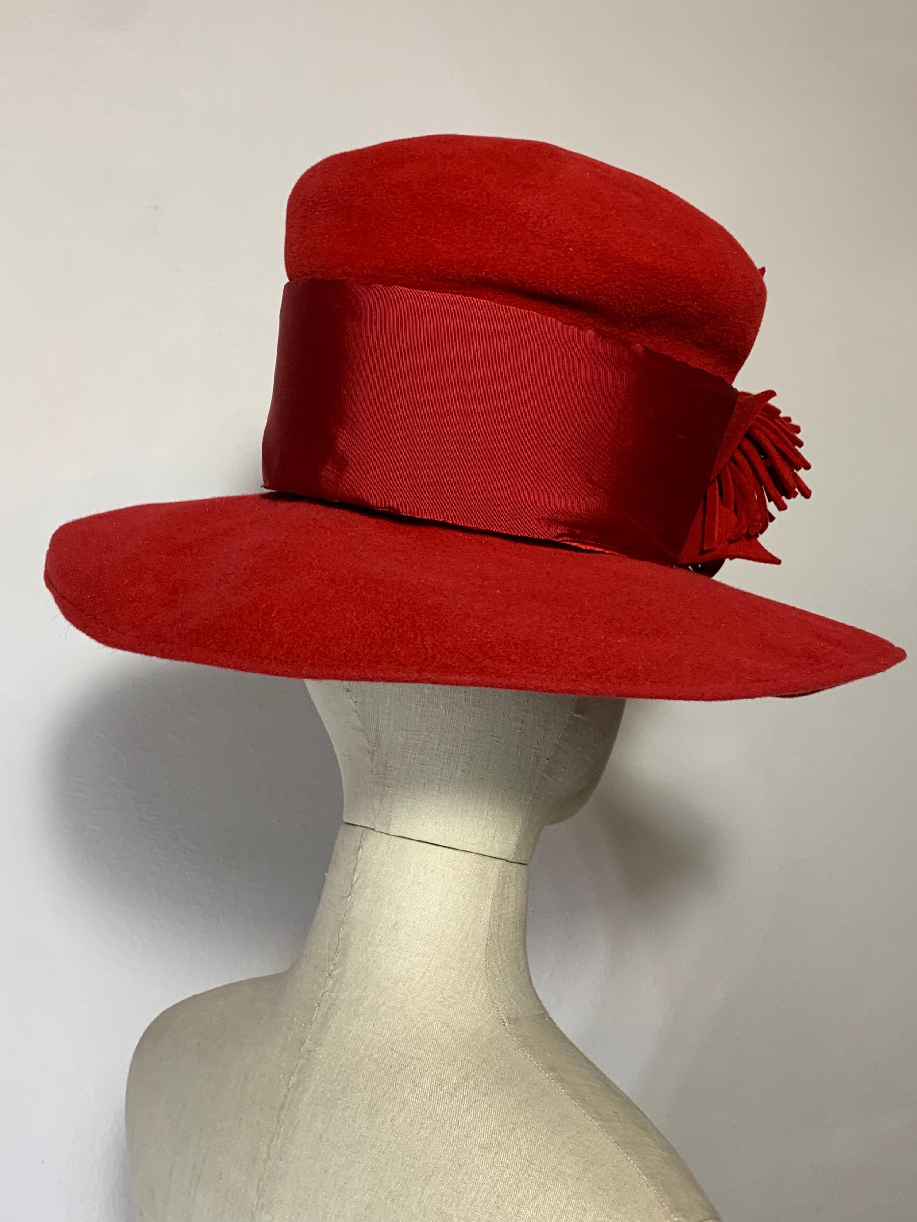 Maison Michel Scarlet Red Wool Felt Wide Brim Hat w Fringe Flower & Leaves  For Sale 1