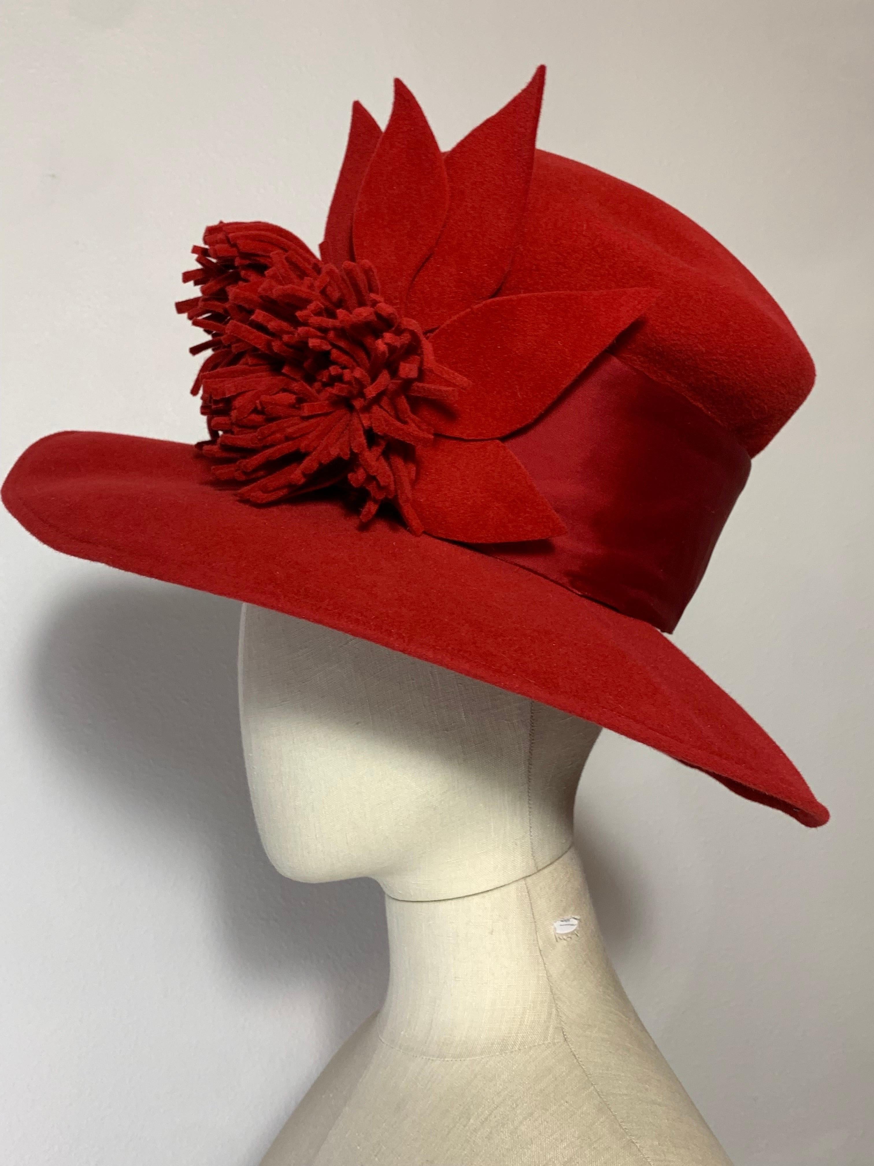 Maison Michel Scarlet Red Wool Felt Wide Brim Hat w Fringe Flower & Leaves  For Sale 2