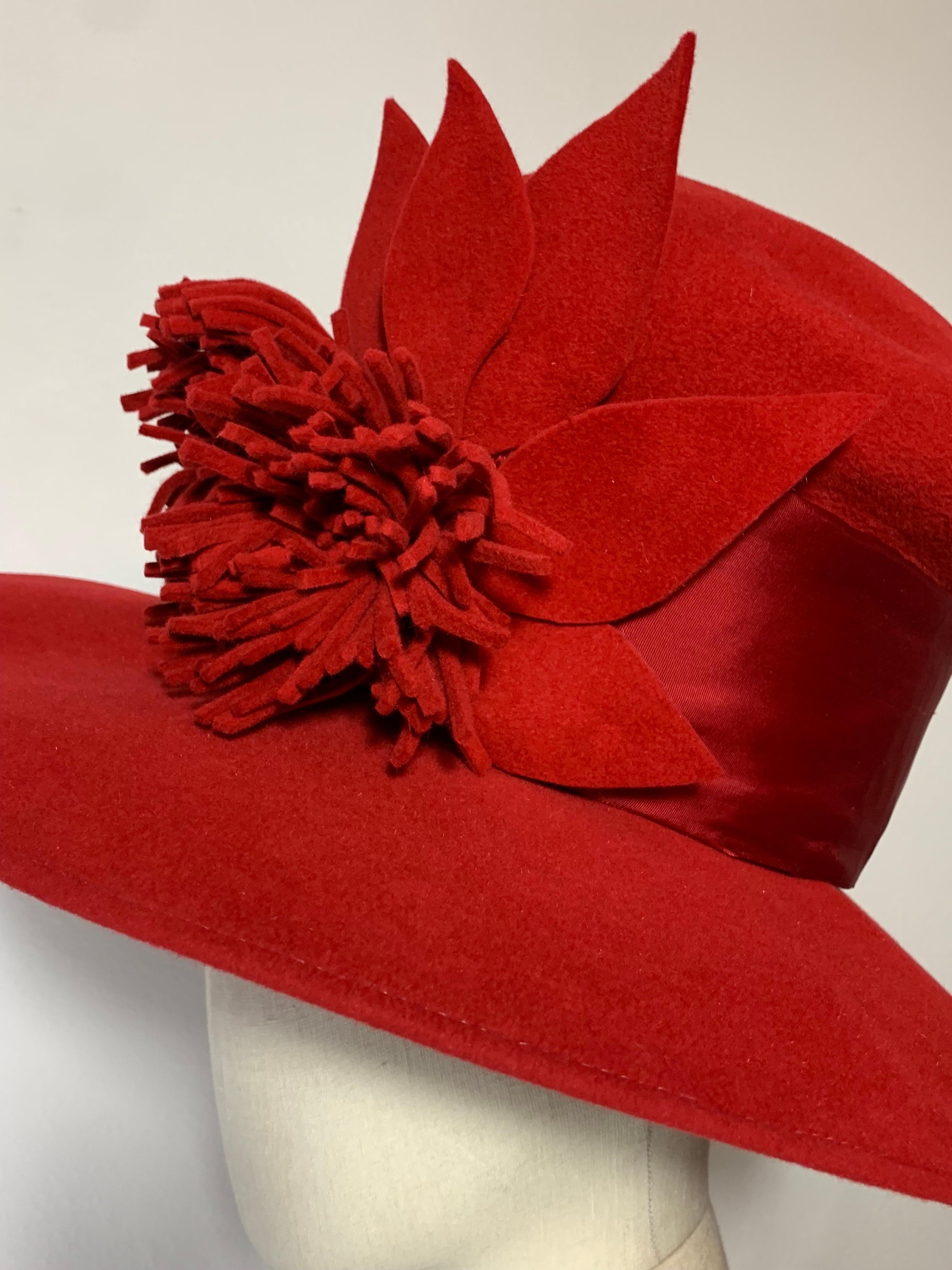 Maison Michel Scarlet Red Wool Felt Wide Brim Hat w Fringe Flower & Leaves  For Sale 3