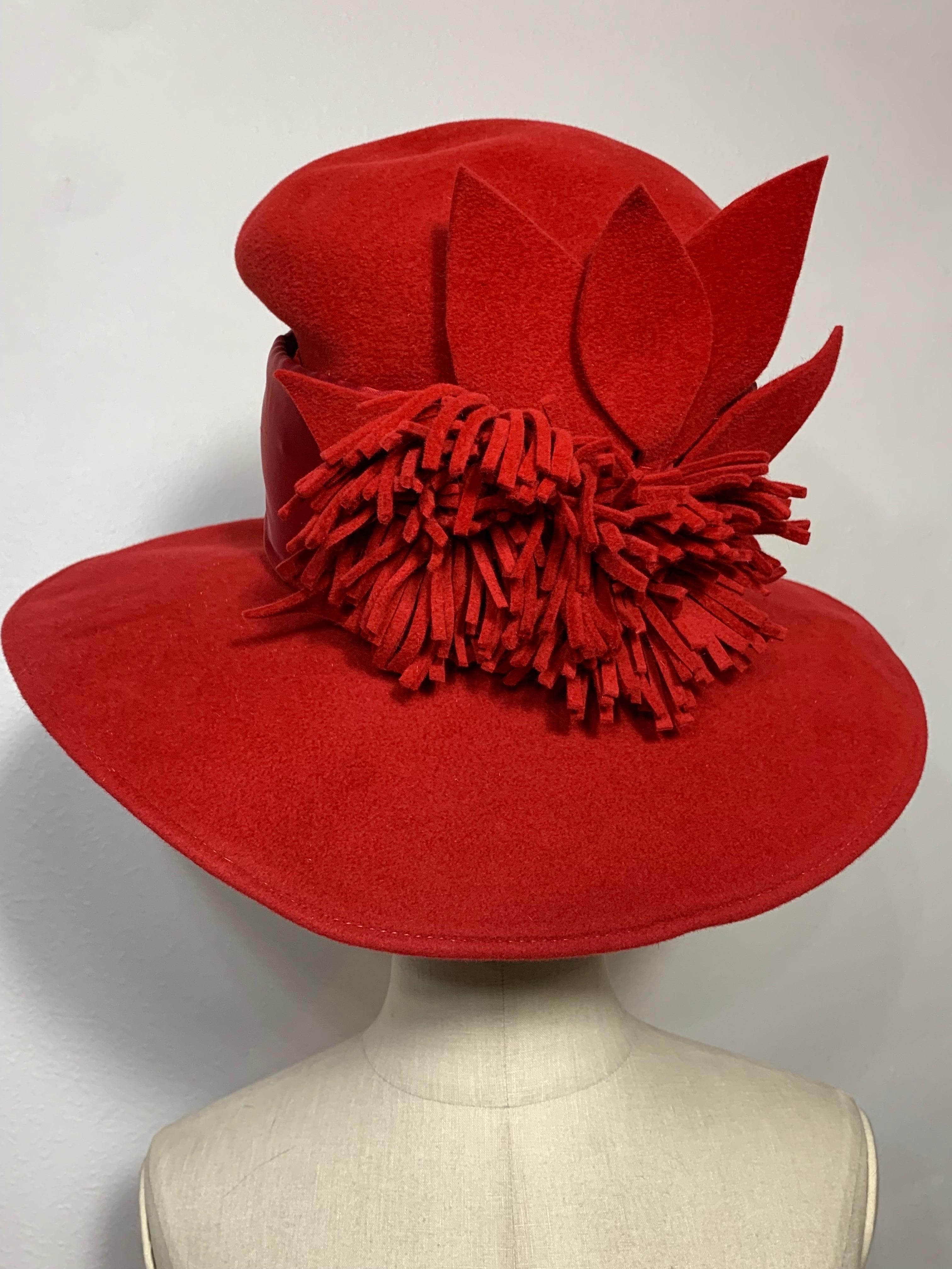 Maison Michel Scarlet Red Wool Felt Wide Brim Hat w Fringe Flower & Leaves  For Sale 4