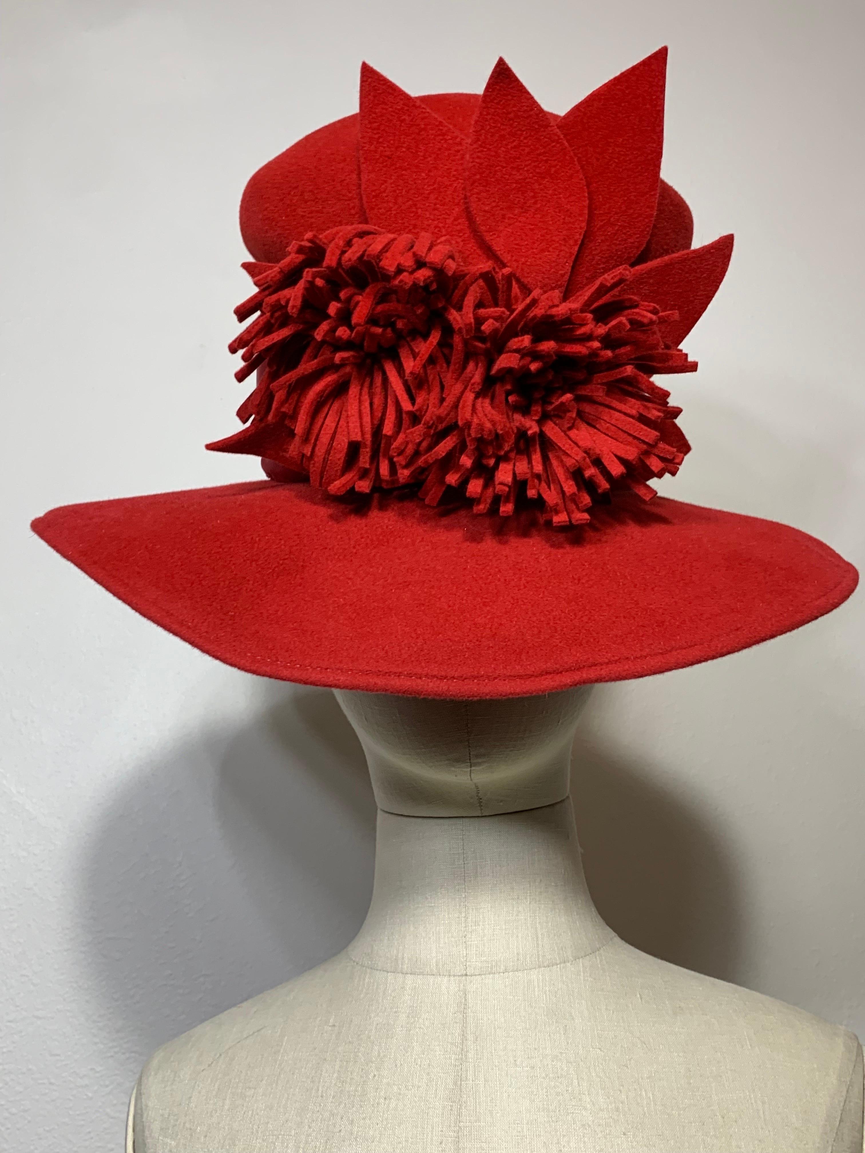 Maison Michel Scarlet Red Wool Felt Wide Brim Hat w Fringe Flower & Leaves  For Sale 5
