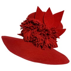 Maison Michel Scarlet Red Woll Filz Breite Krempe Hut mit Fransen Blume & Blättern