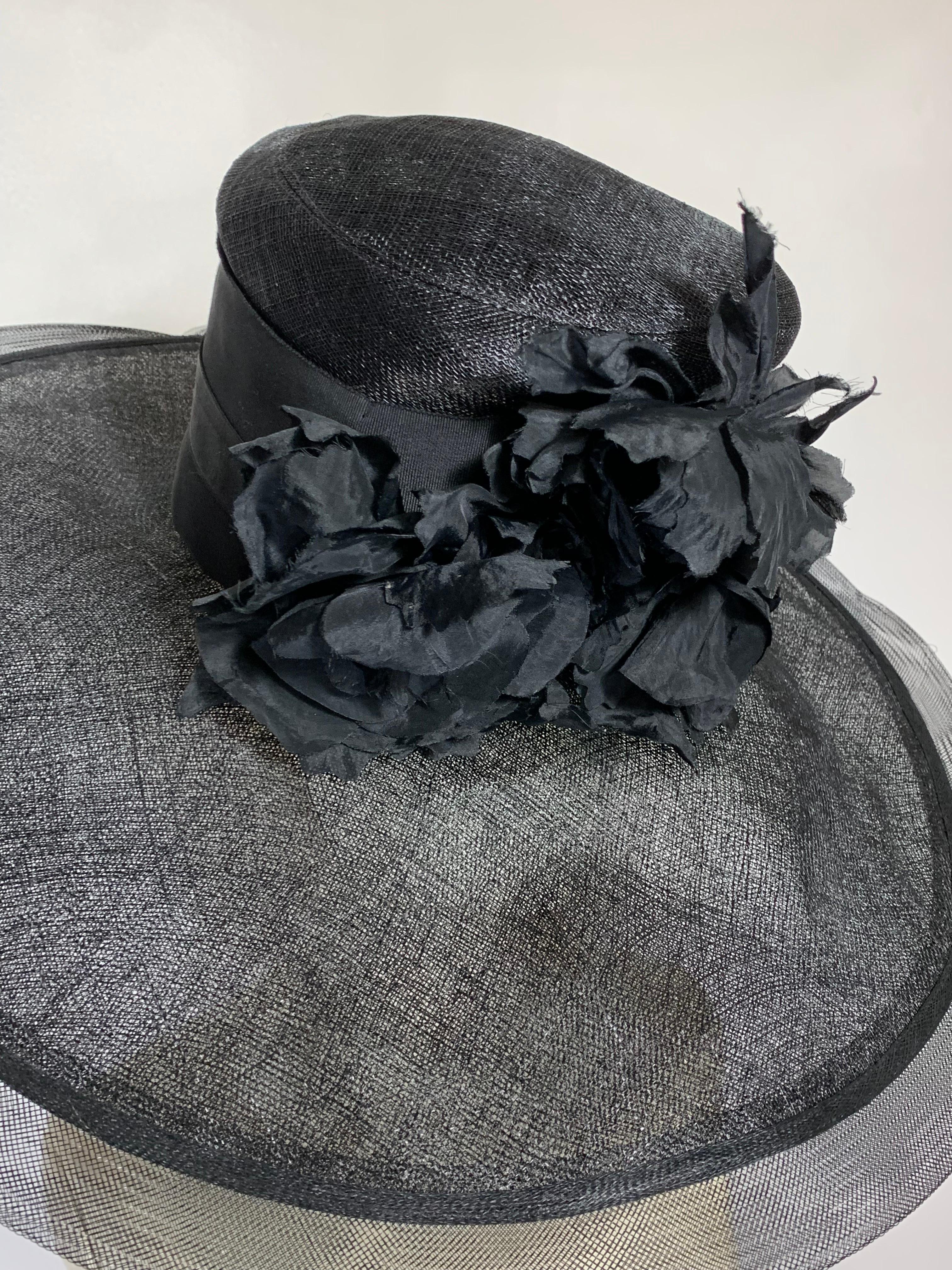 Maison Michel Spring/Summer Black Straw Wide Brim Hat w Horsehair Edge & Florals For Sale 7