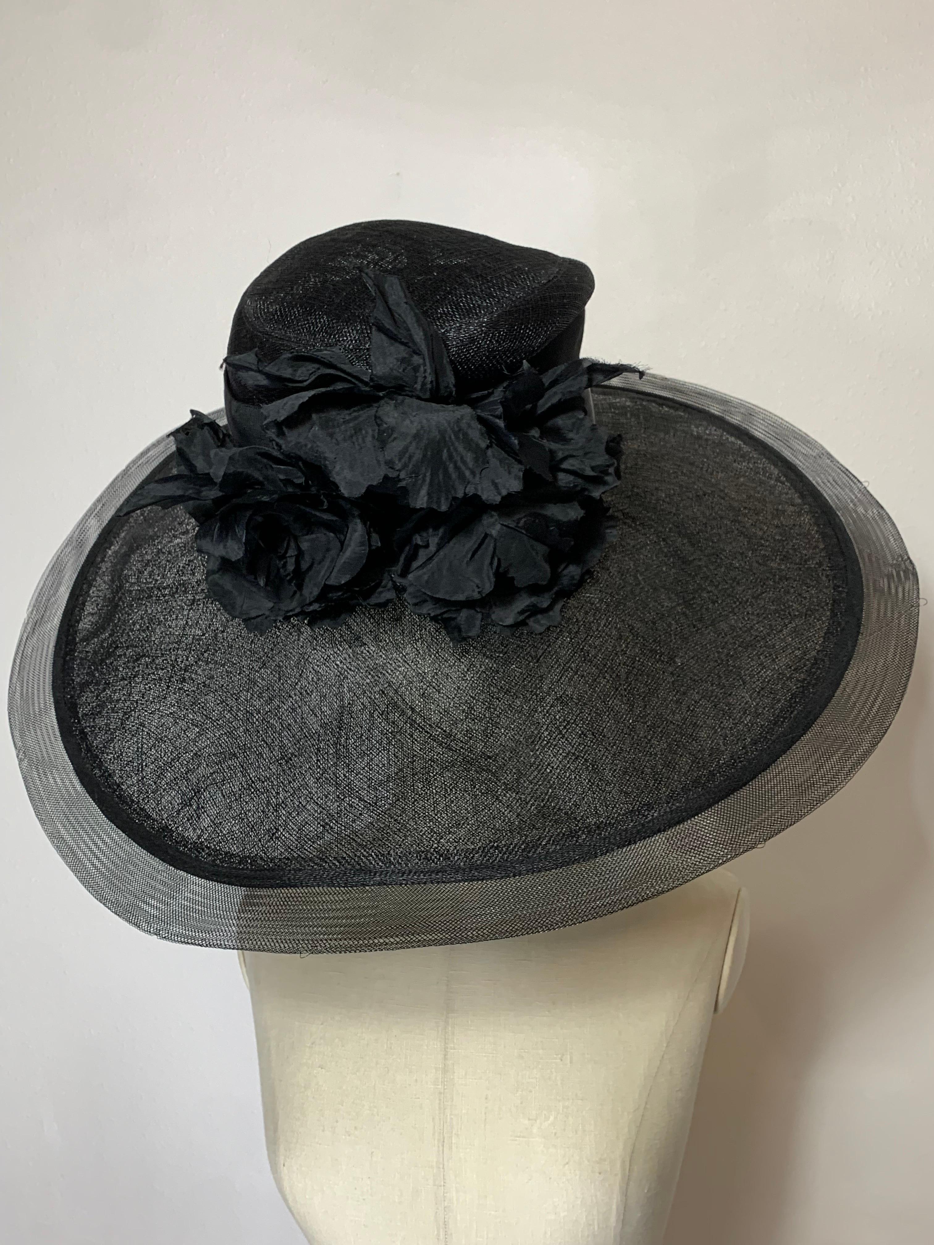Maison Michel Spring/Summer Black Straw Wide Brim Hat w Horsehair Edge & Florals For Sale 8