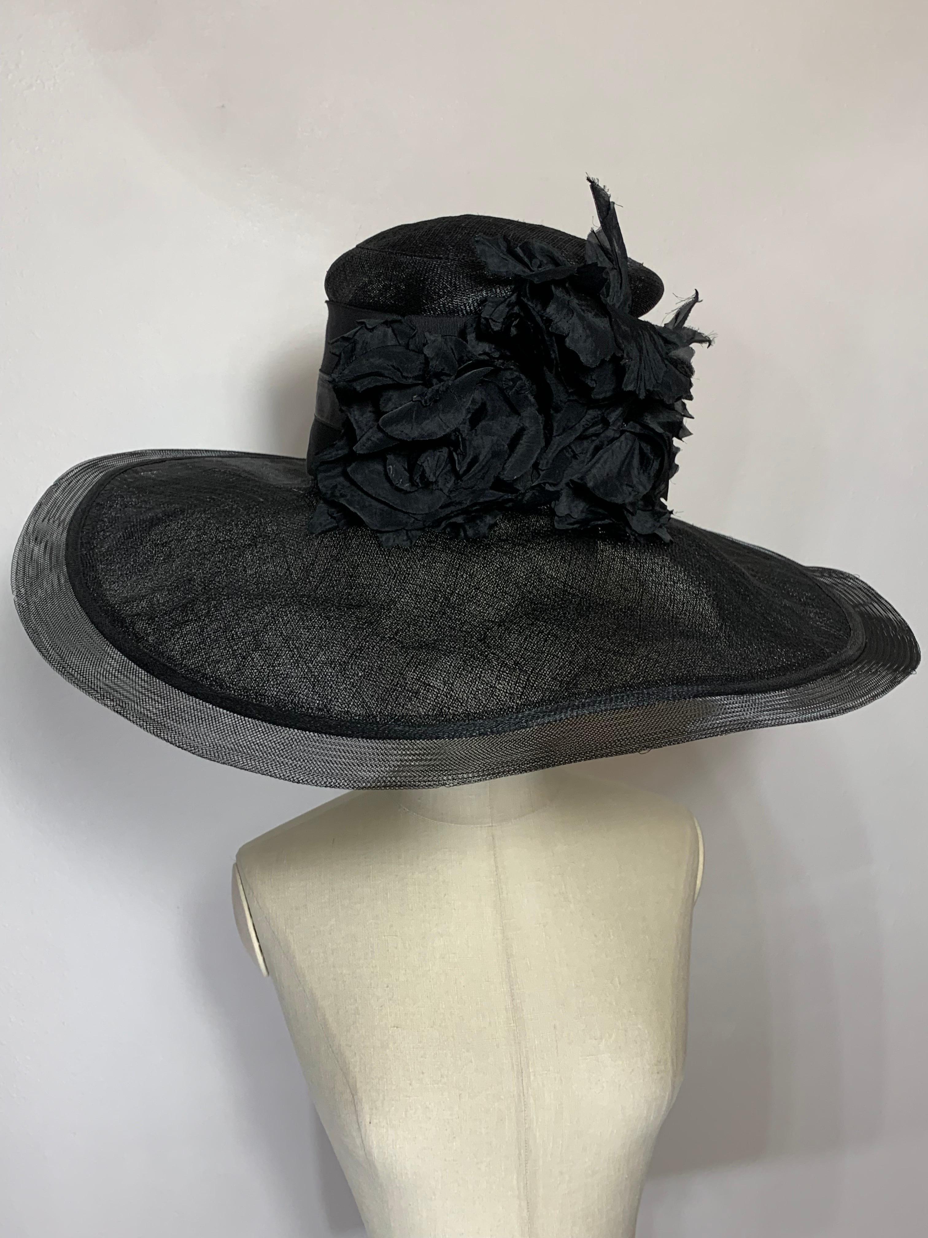 Maison Michel Spring/Summer Black Straw Wide Brim Hat w Horsehair Edge & Florals For Sale 9