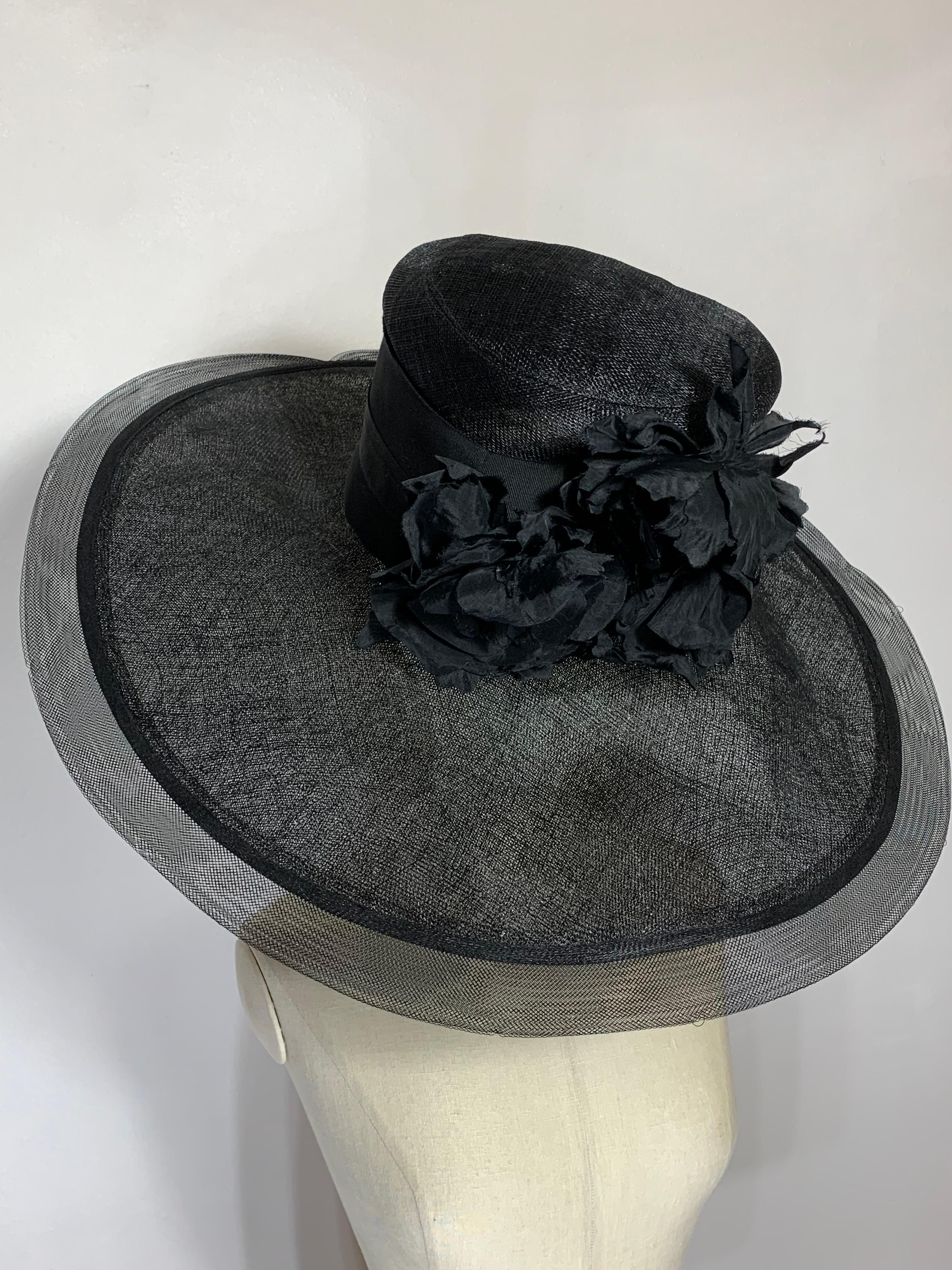 Maison Michel Spring/Summer Black Straw Wide Brim Hat w Horsehair Edge & Floral Bouquet at Front. Delicate Custom-made sheer straw brim measuring 21