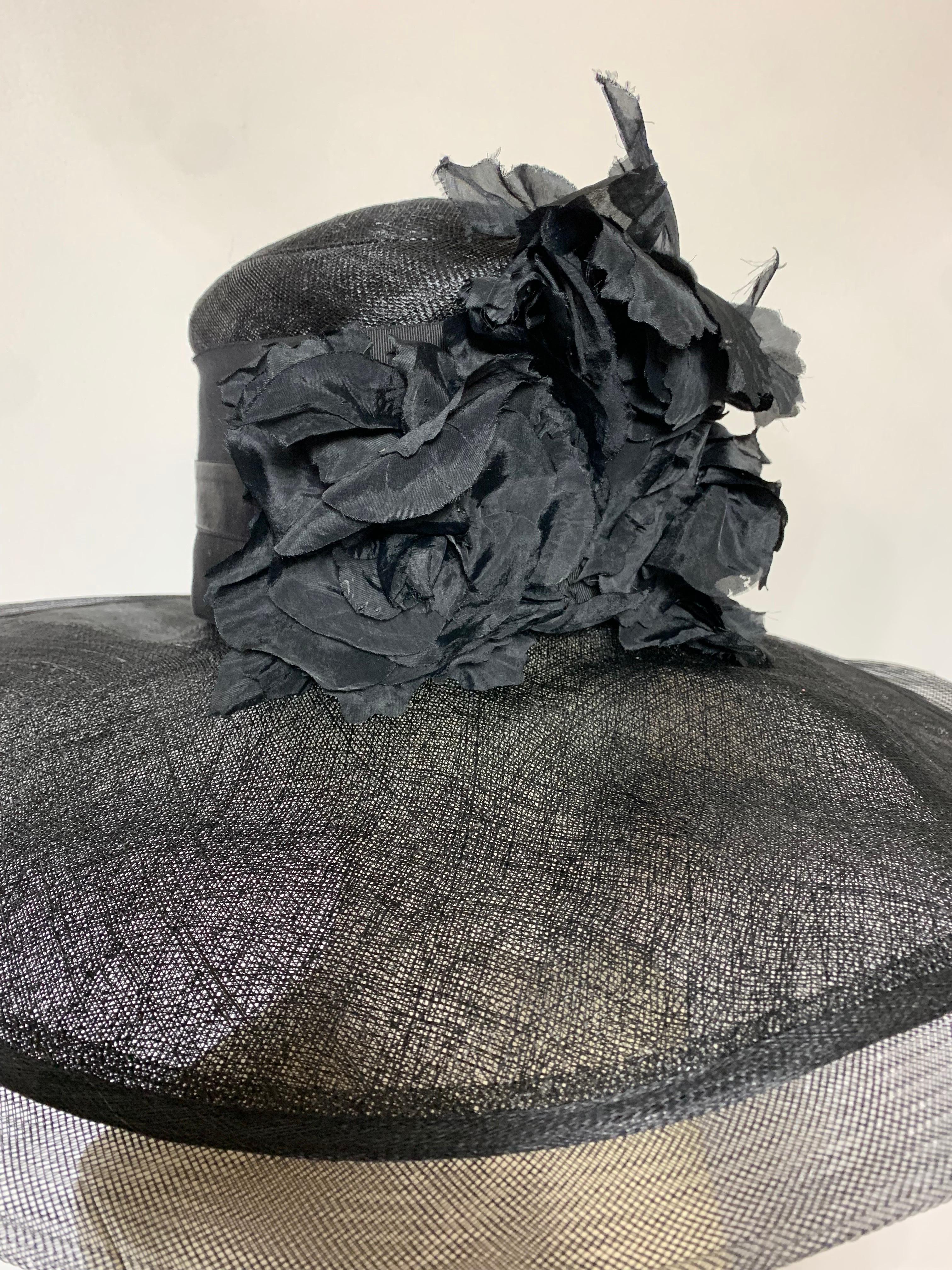 Maison Michel Spring/Summer Black Straw Wide Brim Hat w Horsehair Edge & Florals In Excellent Condition For Sale In Gresham, OR