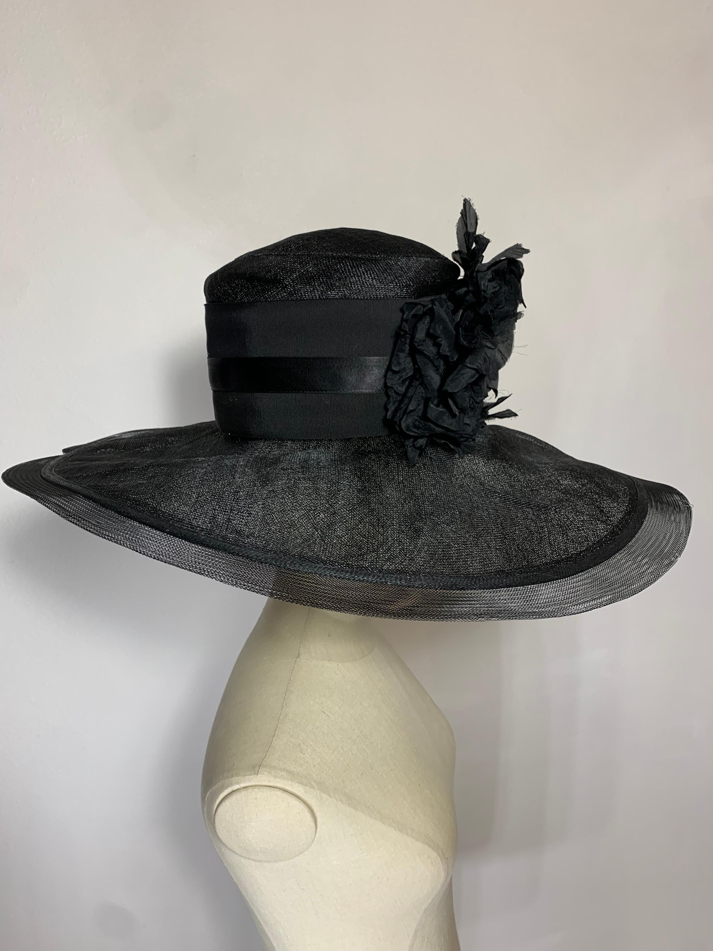 Women's Maison Michel Spring/Summer Black Straw Wide Brim Hat w Horsehair Edge & Florals For Sale