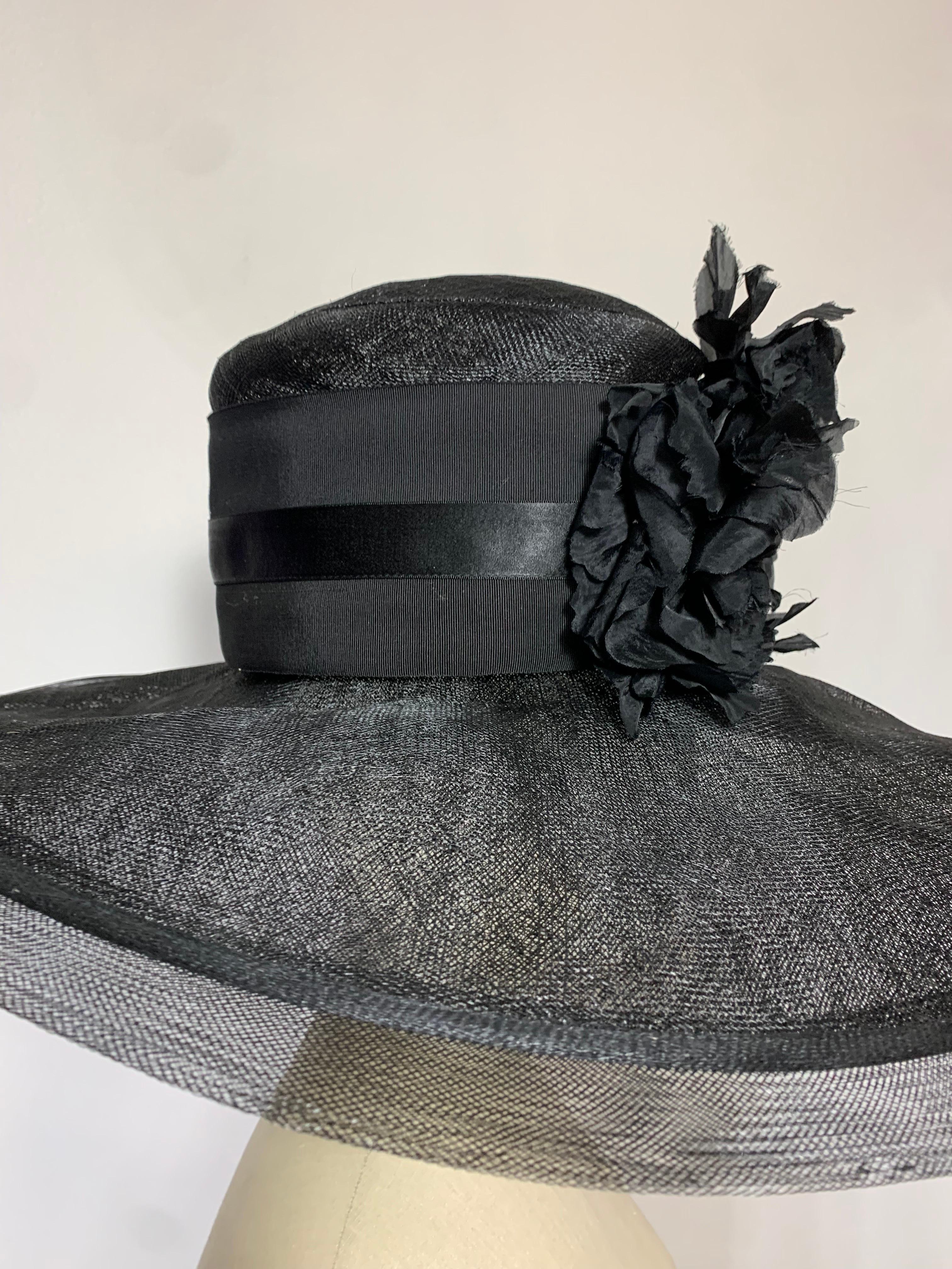 Maison Michel Spring/Summer Black Straw Wide Brim Hat w Horsehair Edge & Florals For Sale 1