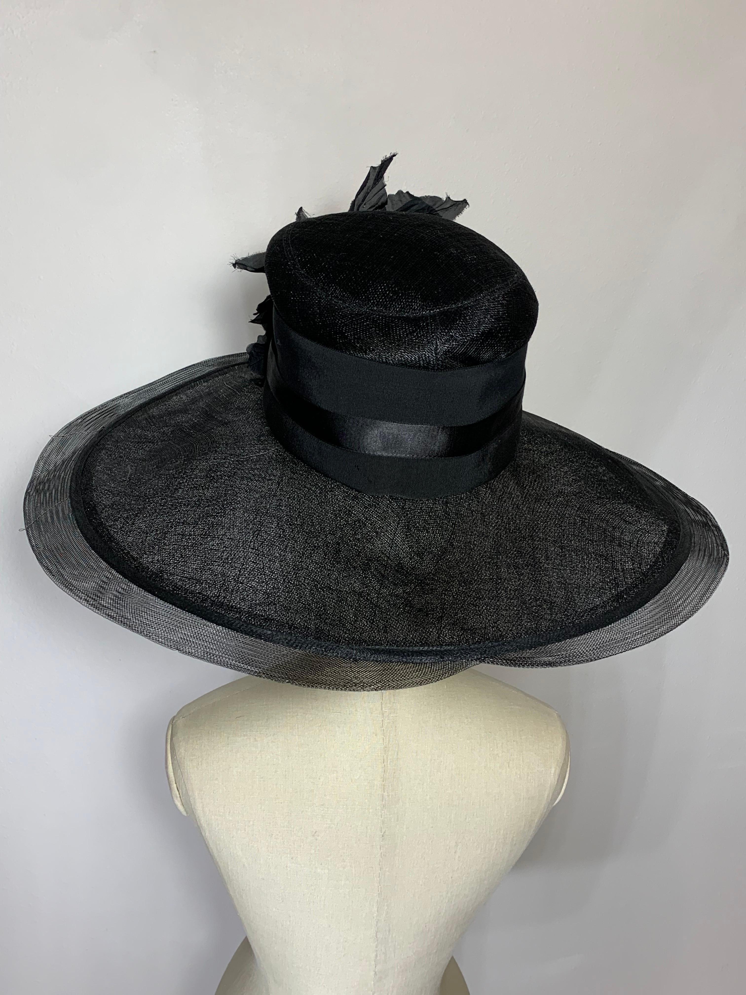 Maison Michel Spring/Summer Black Straw Wide Brim Hat w Horsehair Edge & Florals For Sale 2