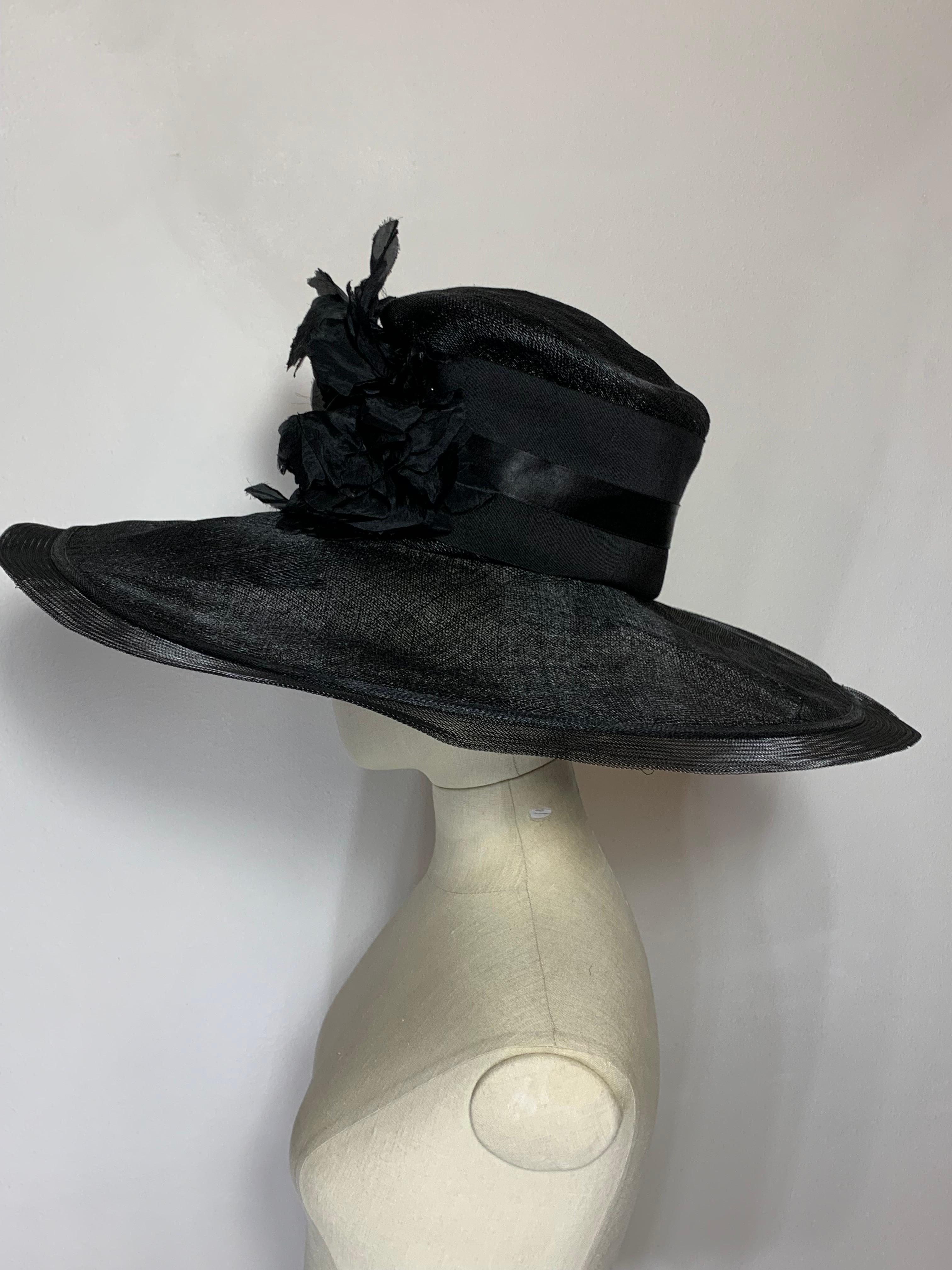 Maison Michel Spring/Summer Black Straw Wide Brim Hat w Horsehair Edge & Florals For Sale 4