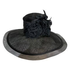 Maison Michel Frühjahr/Sommer Schwarzer Strohhut mit breiter Krempe, Rosshaarrand und Blumenmuster
