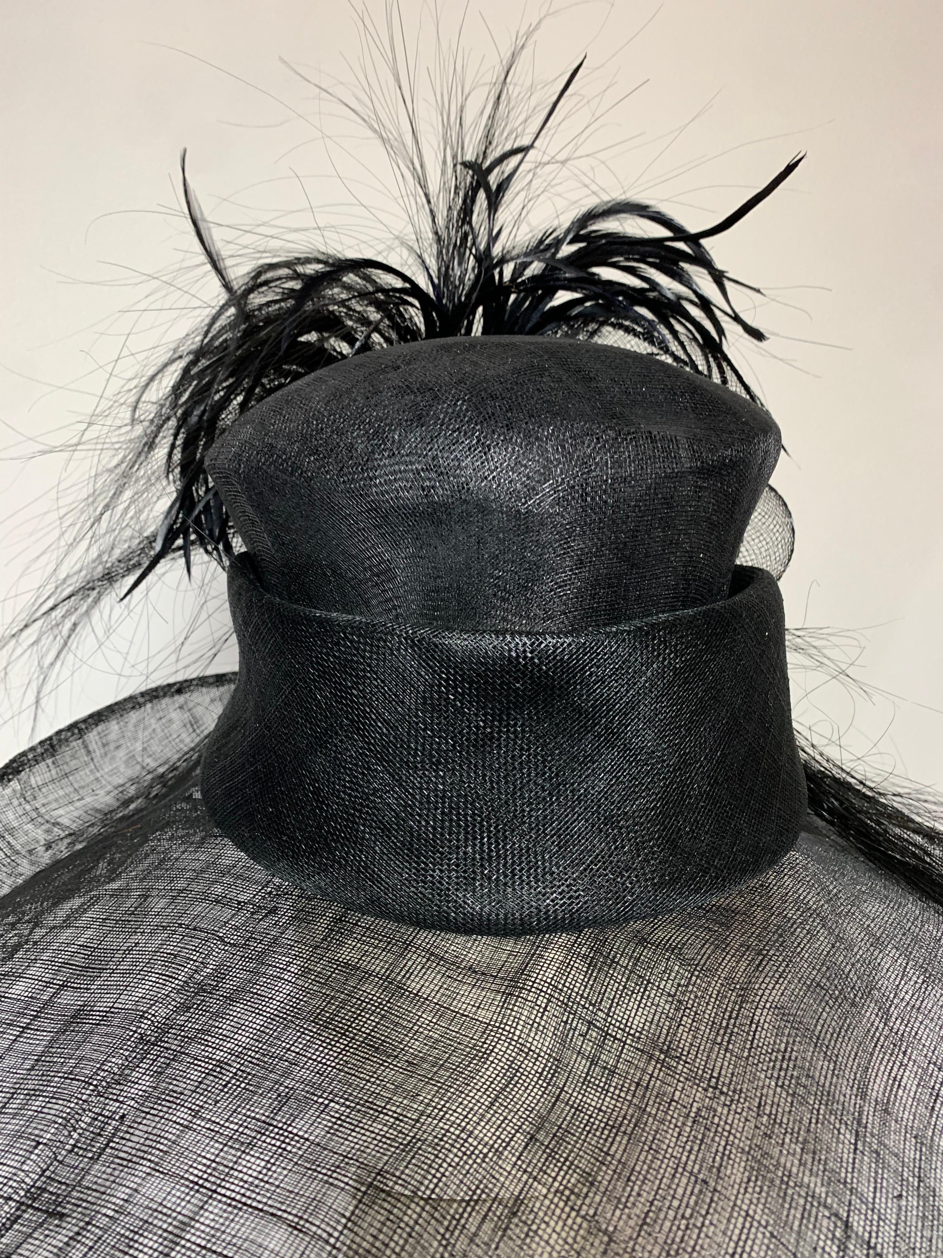 Maison Michel Spring/Summer Custom Made Black Straw Wide Brim Hat w Huge Feather For Sale 6