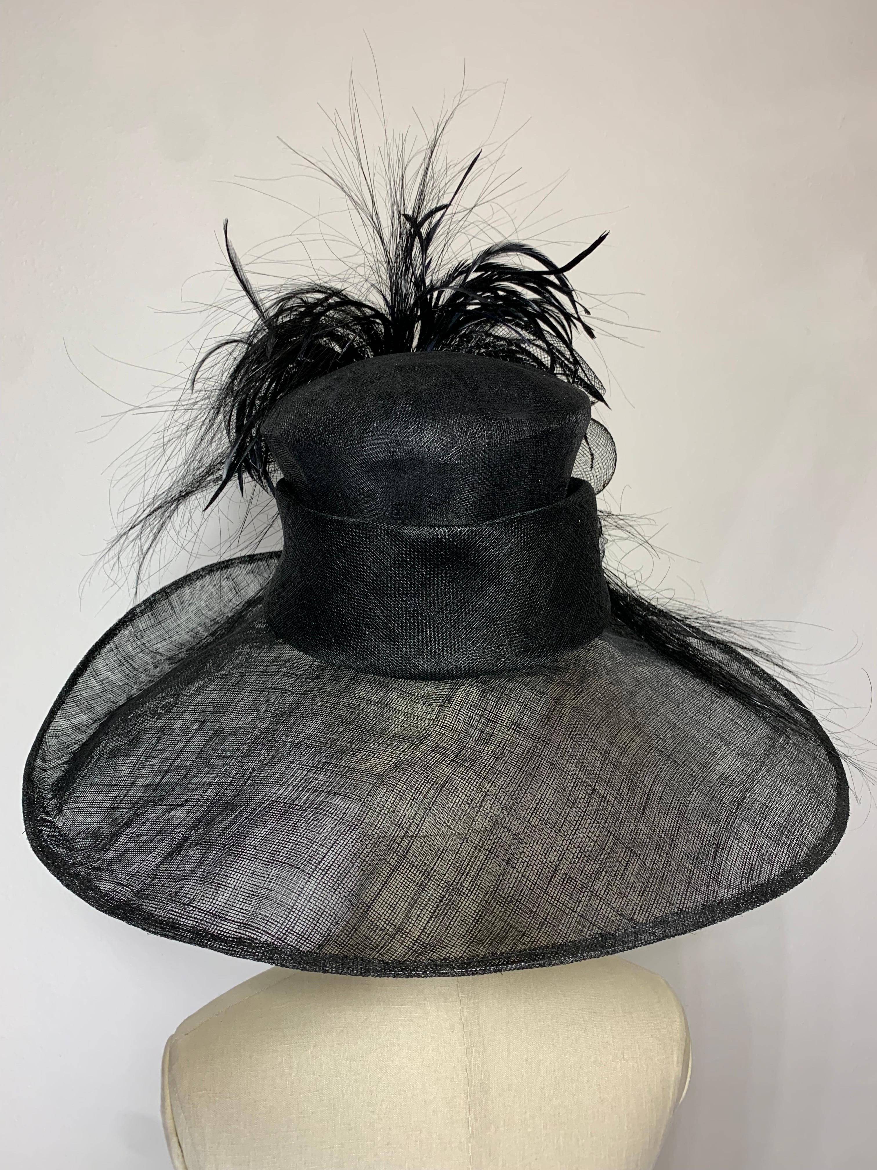 Maison Michel Spring/Summer Custom Made Black Straw Wide Brim Hat w Huge Feather For Sale 7