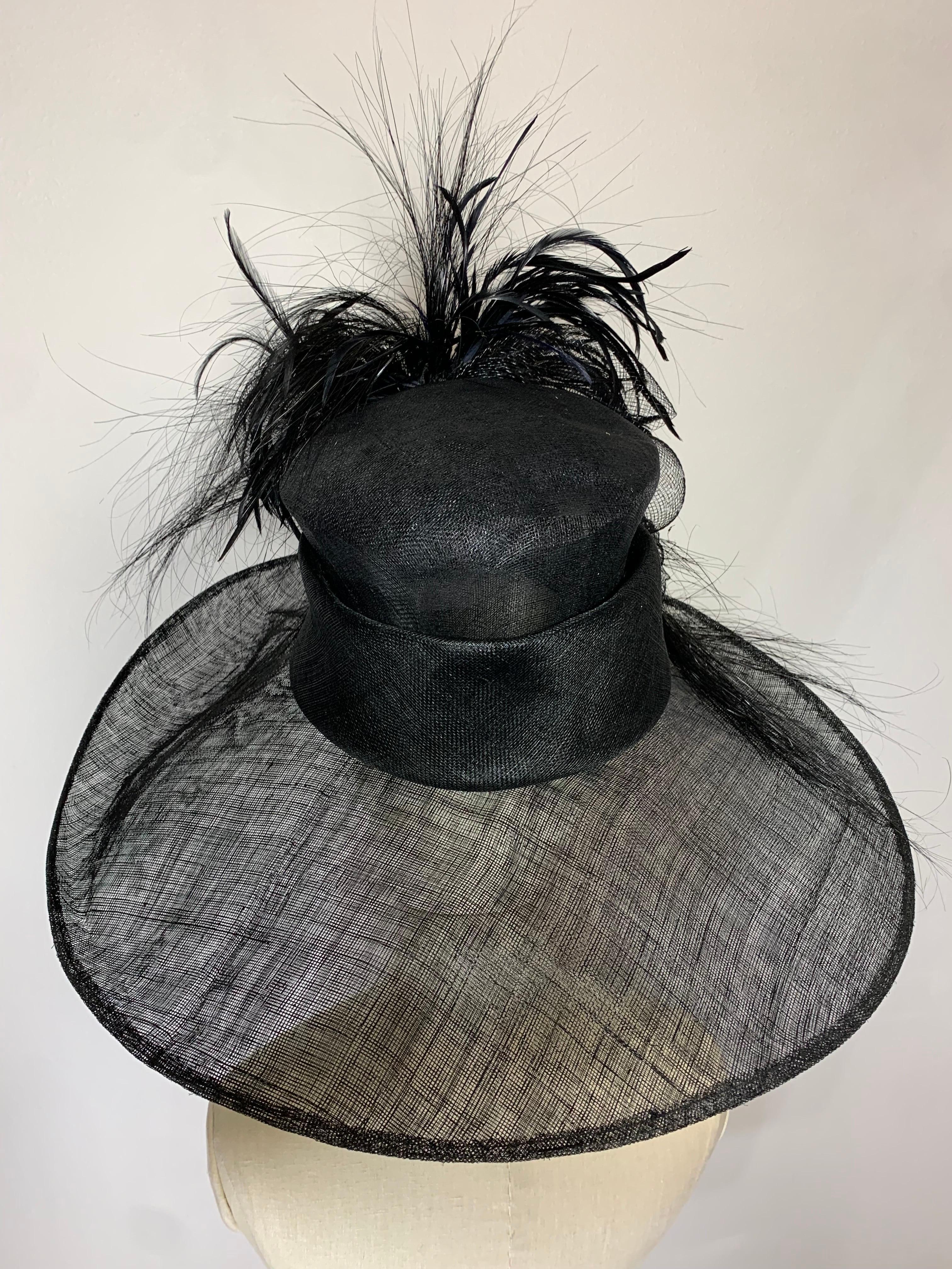 Maison Michel Spring/Summer Custom Made Black Straw Wide Brim Hat w Huge Feather For Sale 8