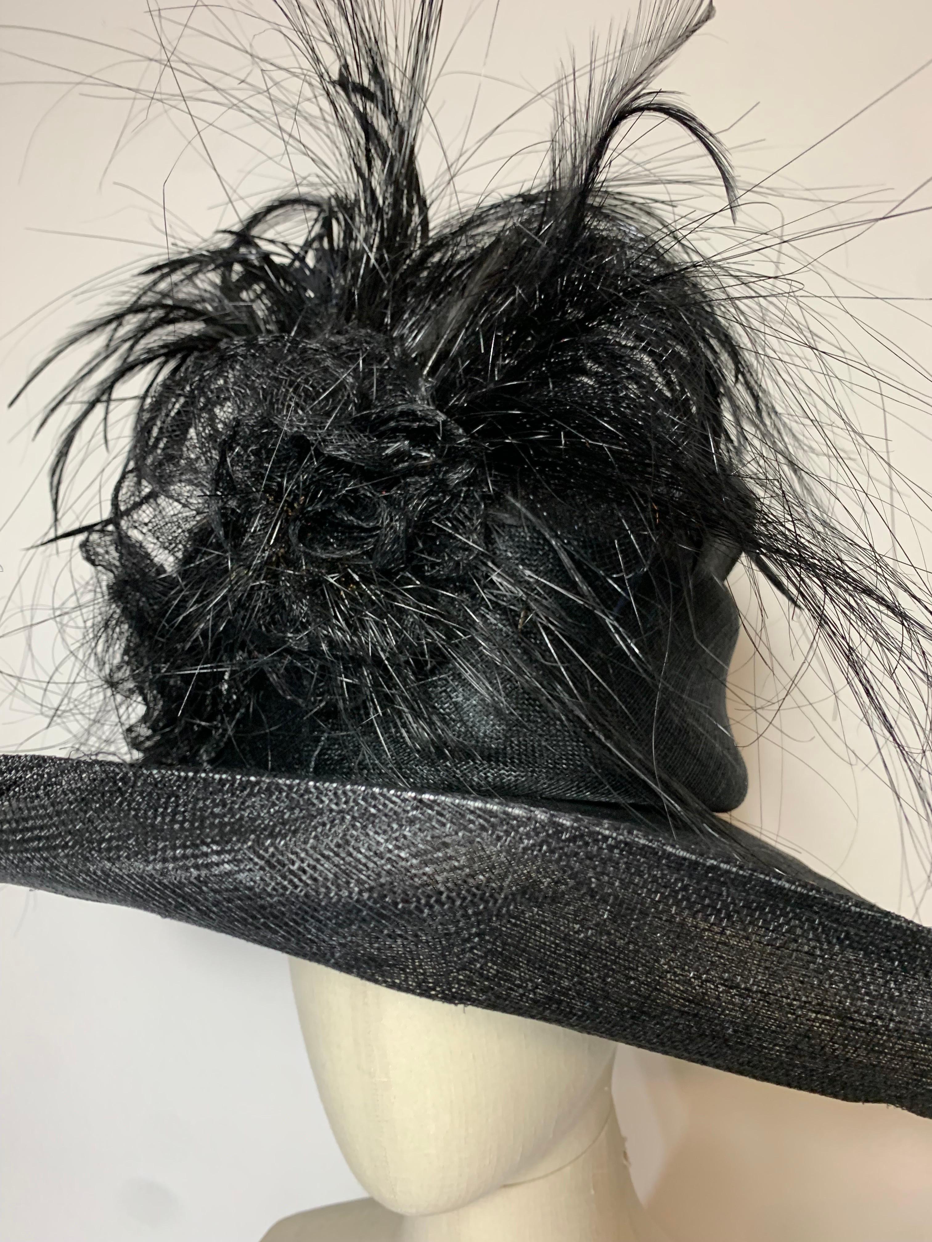 Maison Michel Spring/Summer Custom Made Black Straw Wide Brim Hat w Huge Feather For Sale 9