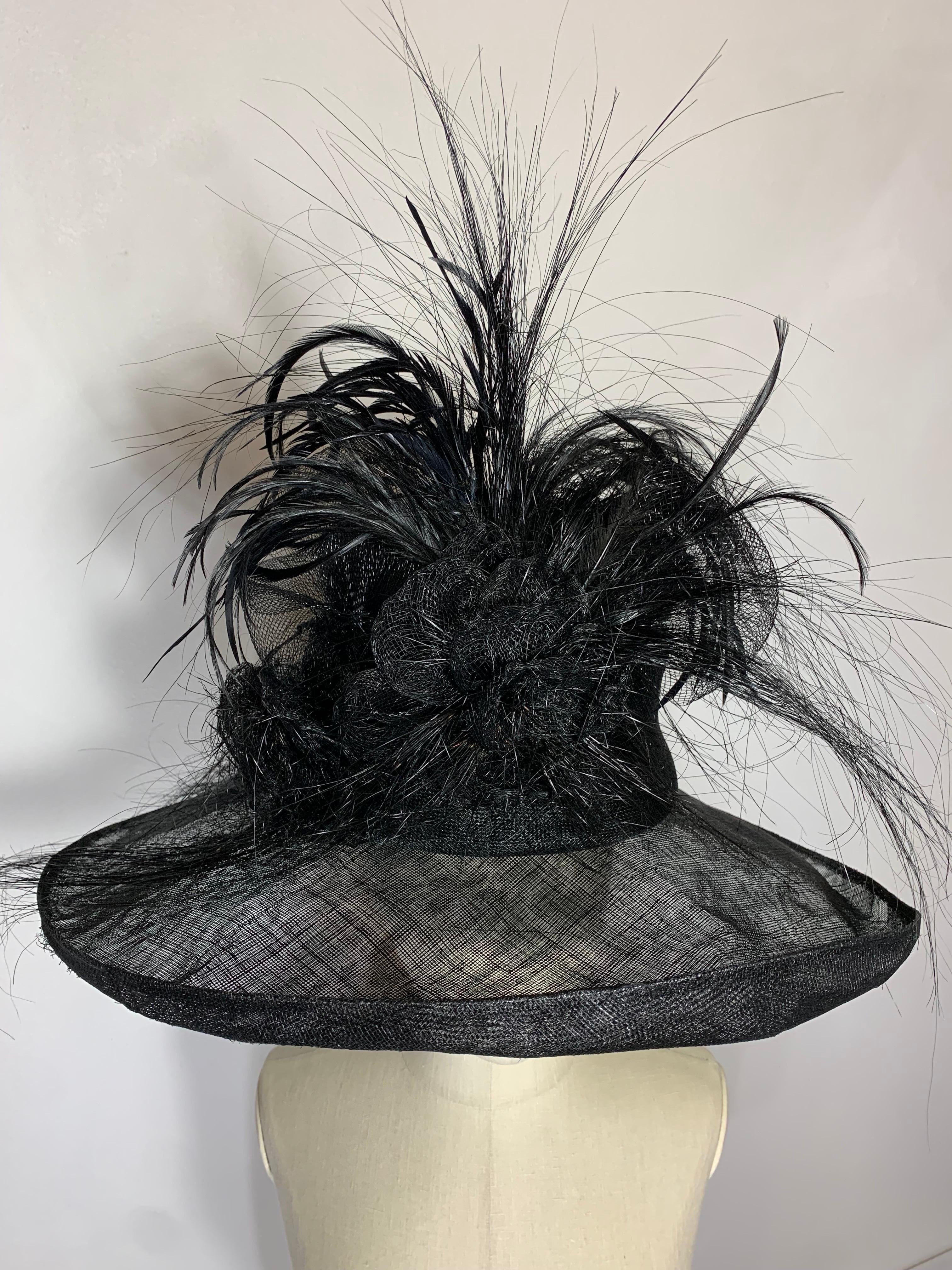 Maison Michel Spring/Summer Custom Made Black Straw Wide Brim Hat w Huge Feather For Sale 10