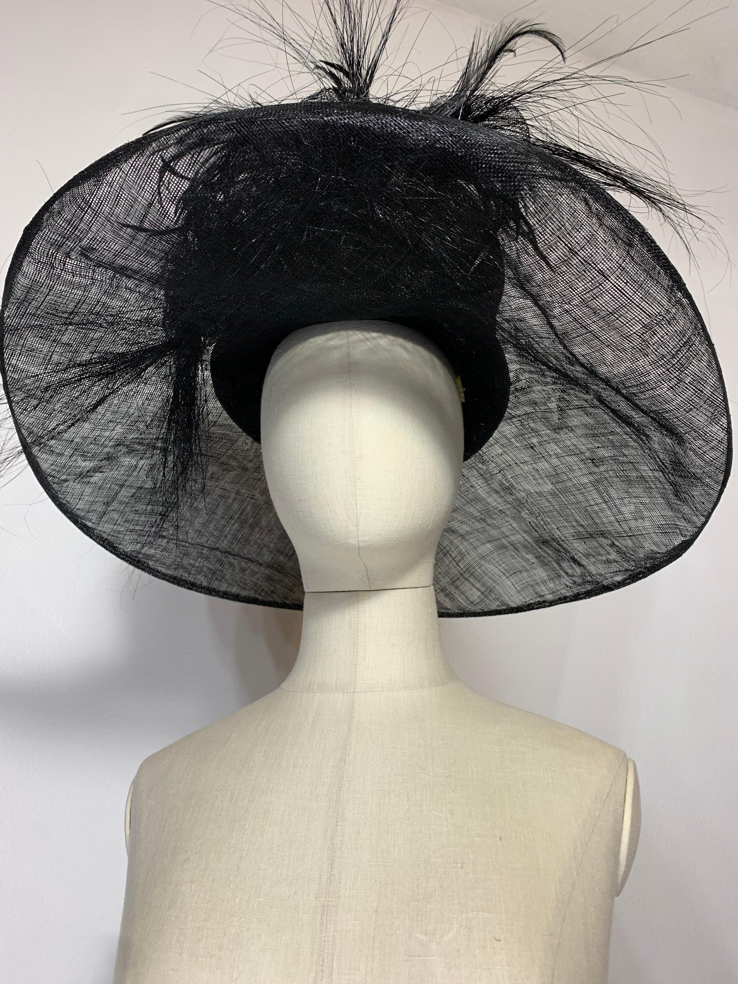 Maison Michel Spring/Summer Custom Made Black Straw Wide Brim Hat w Huge Feather For Sale 11