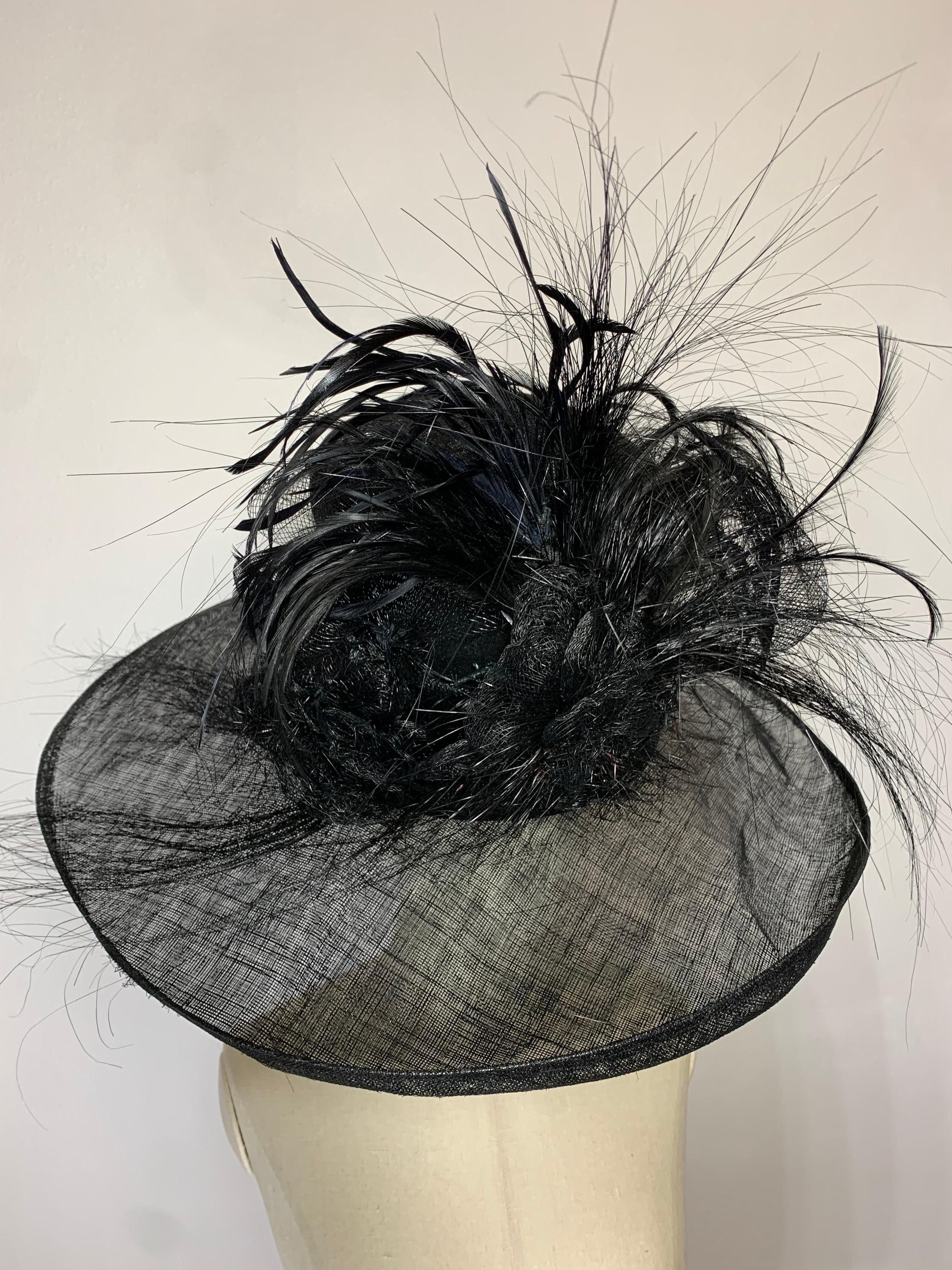 Maison Michel Spring/Summer Custom Made Black Straw Wide Brim Hat w Huge Feather For Sale 12