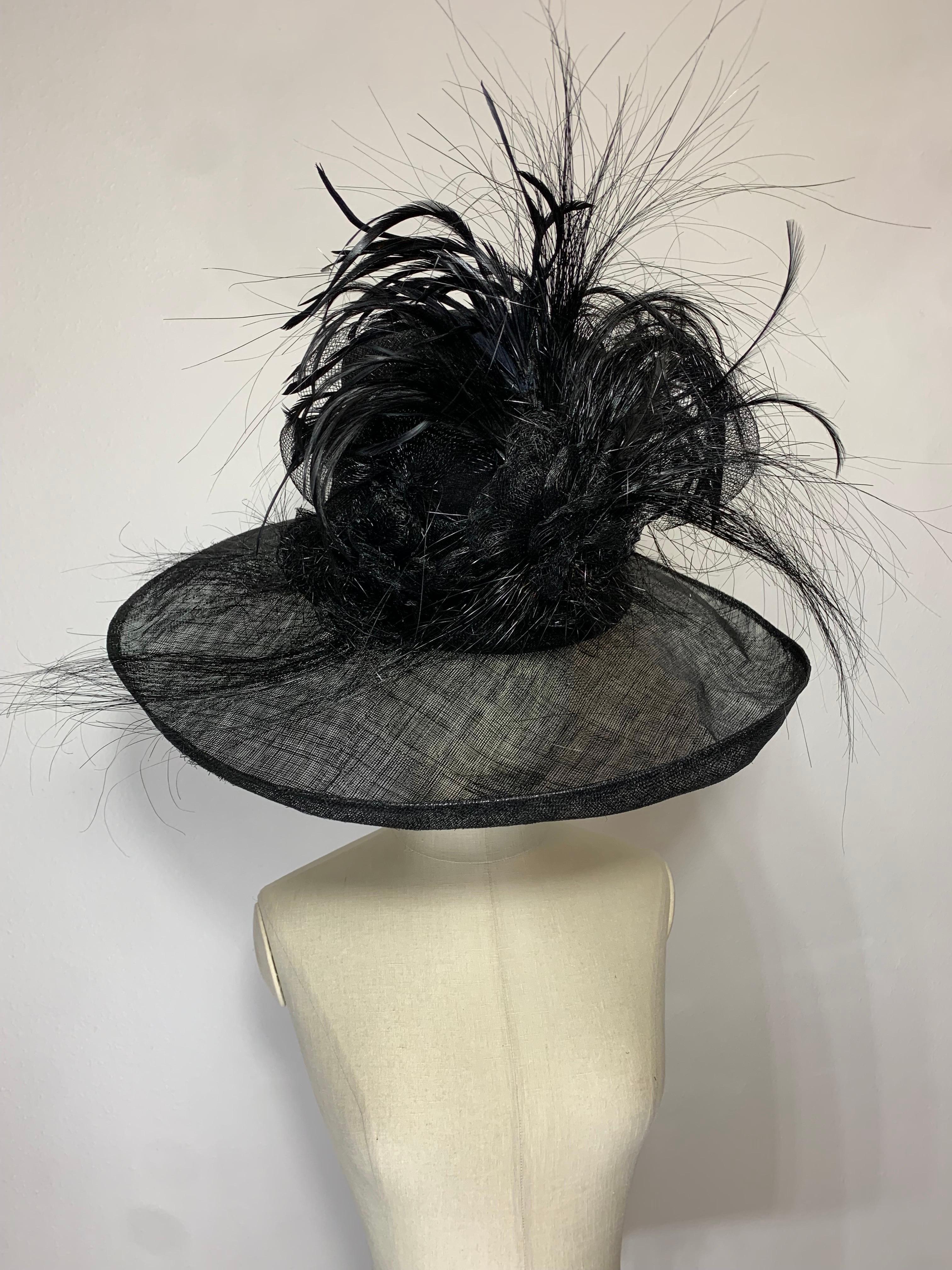 Maison Michel Spring/Summer Custom Made Black Straw Wide Brim Hat w Huge Feather For Sale 13