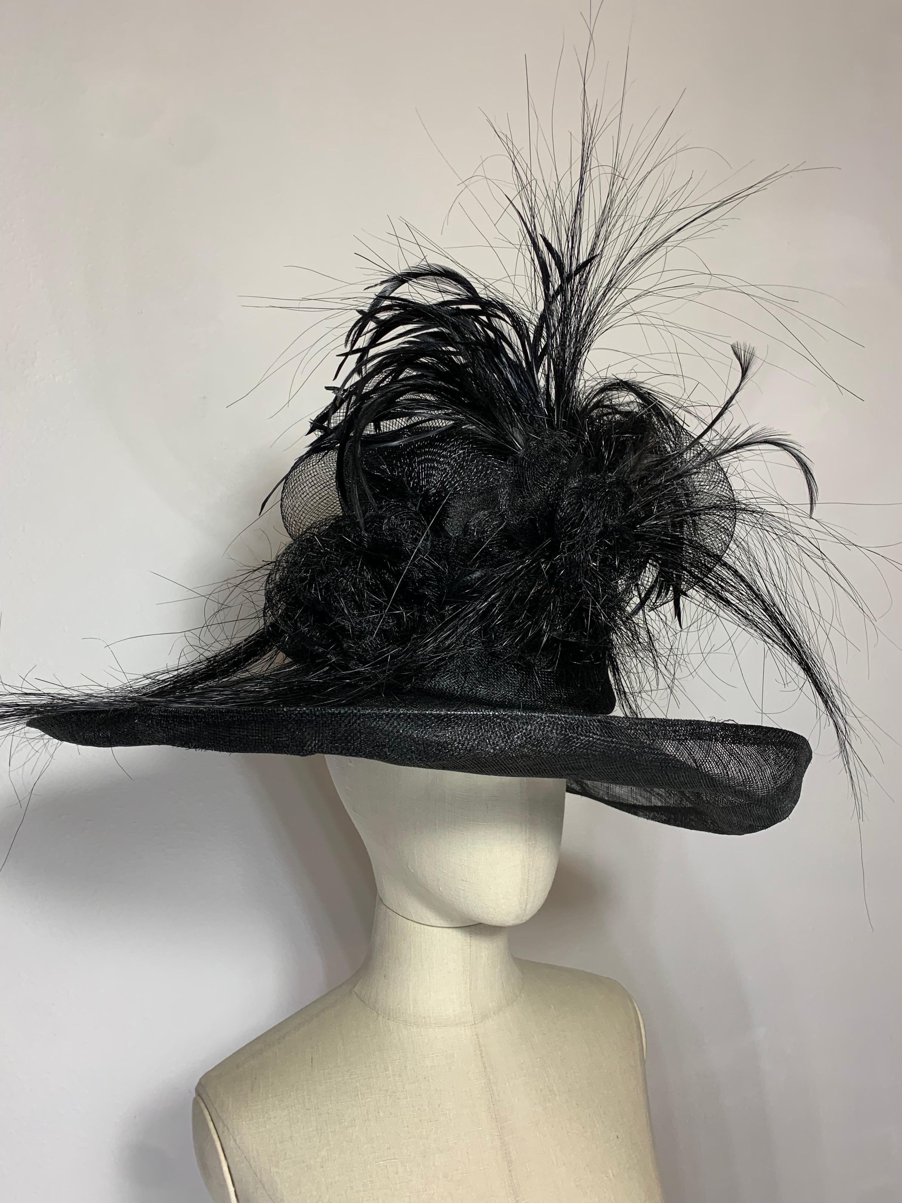 Maison Michel Spring/Summer Custom Made Sheer Black Straw Wide Brim High Crown Hat w Huge Feather Plume and Horsehair Rosette Embellishments:  Exquisite delicate wired brim which measures 22