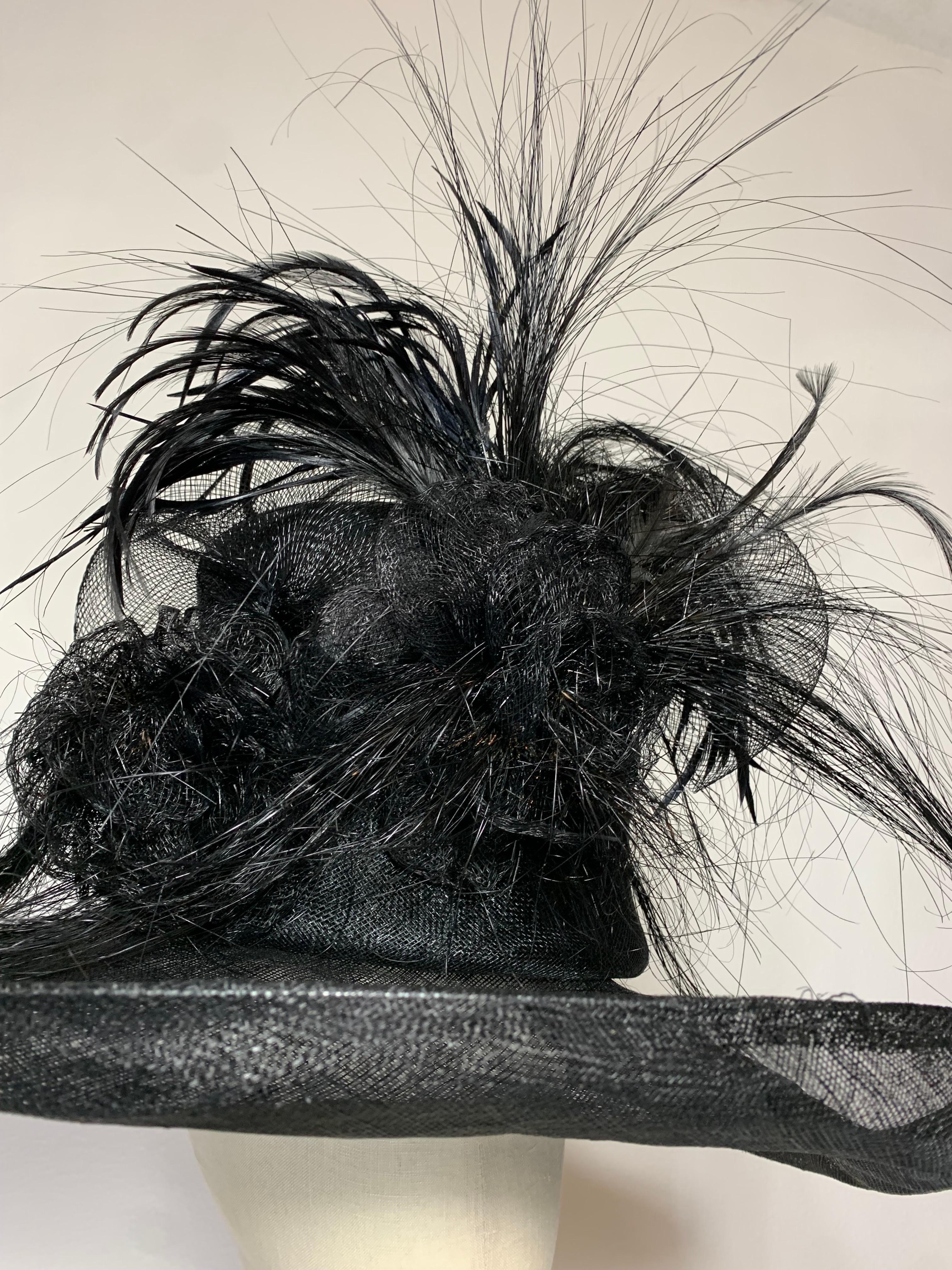 Maison Michel Spring/Summer Custom Made Black Straw Wide Brim Hat w Huge Feather In Excellent Condition For Sale In Gresham, OR