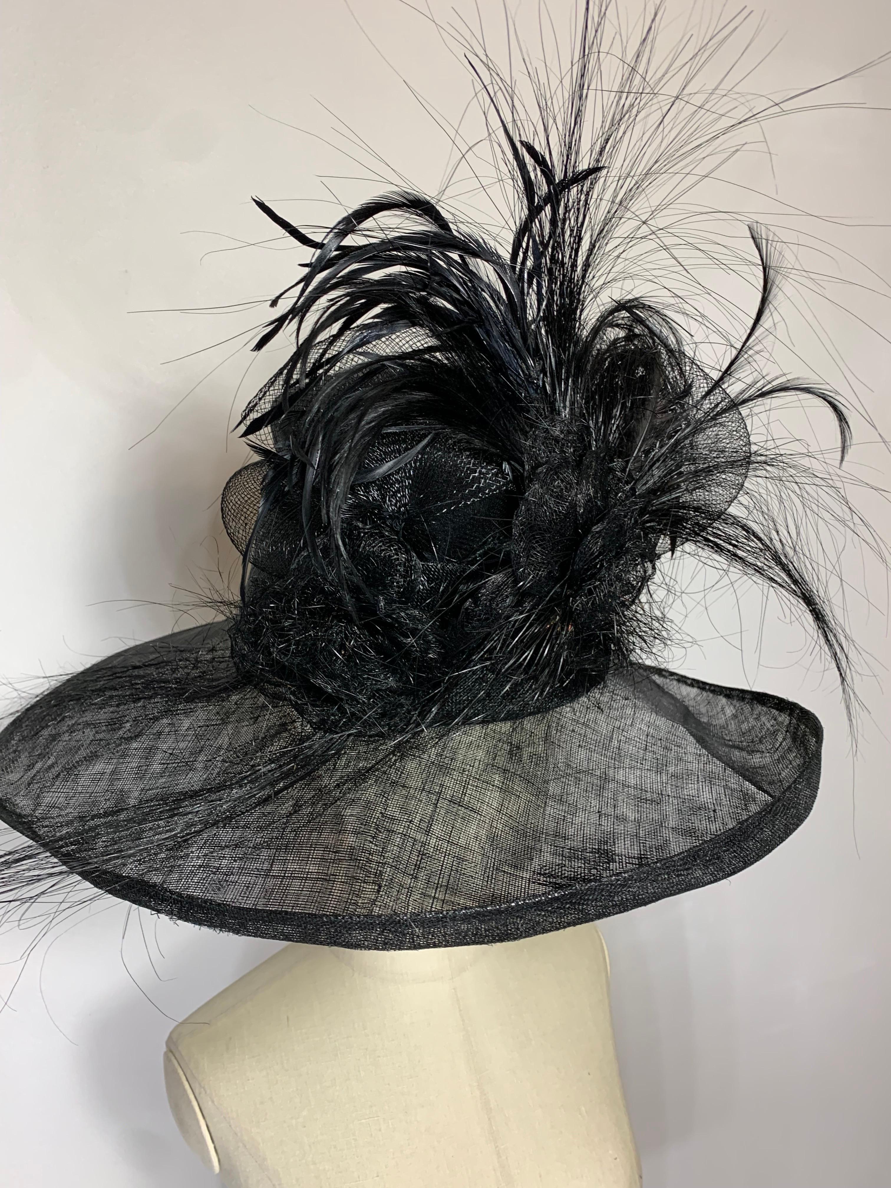 Women's Maison Michel Spring/Summer Custom Made Black Straw Wide Brim Hat w Huge Feather For Sale