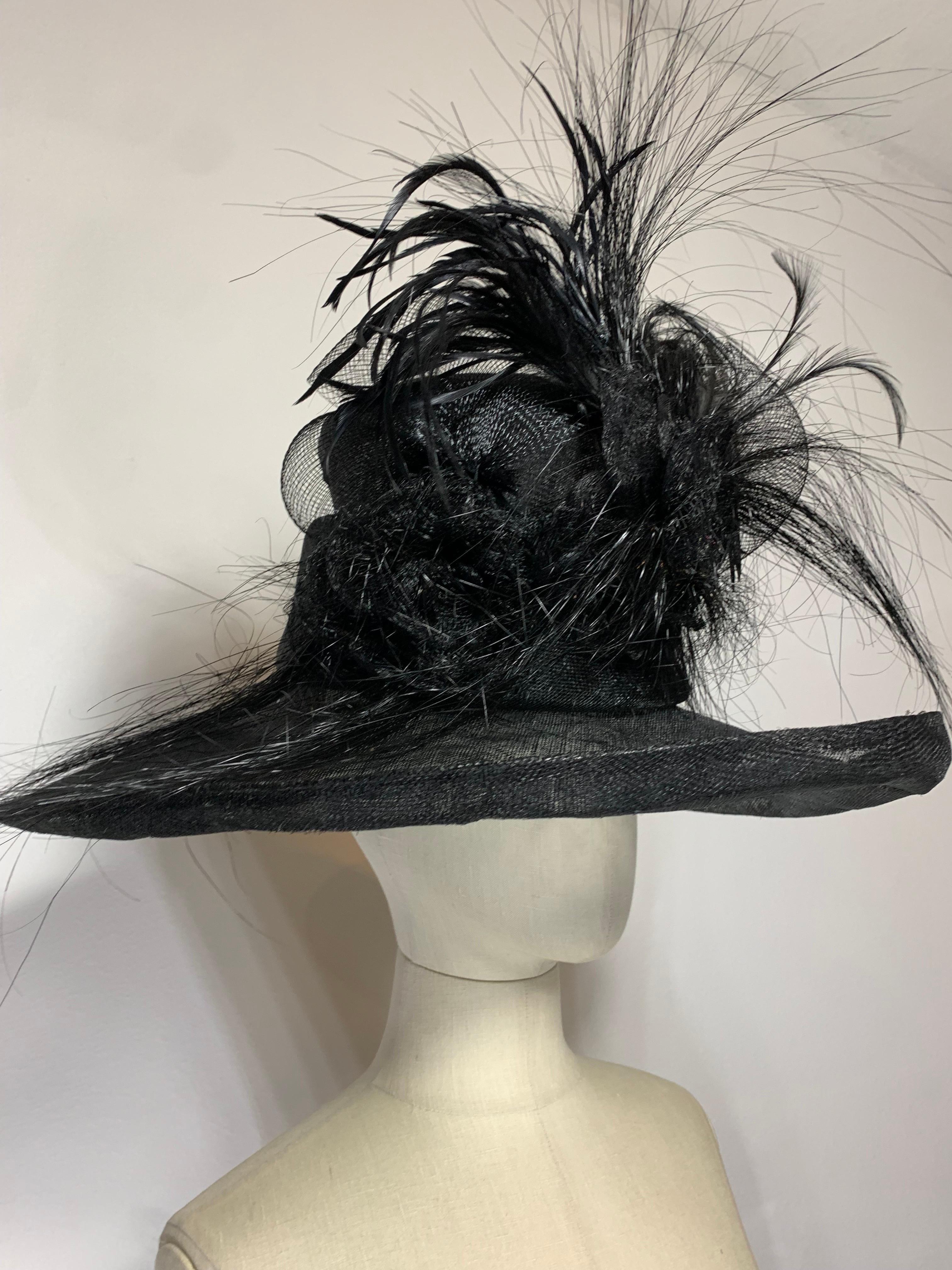 Maison Michel Spring/Summer Custom Made Black Straw Wide Brim Hat w Huge Feather For Sale 1