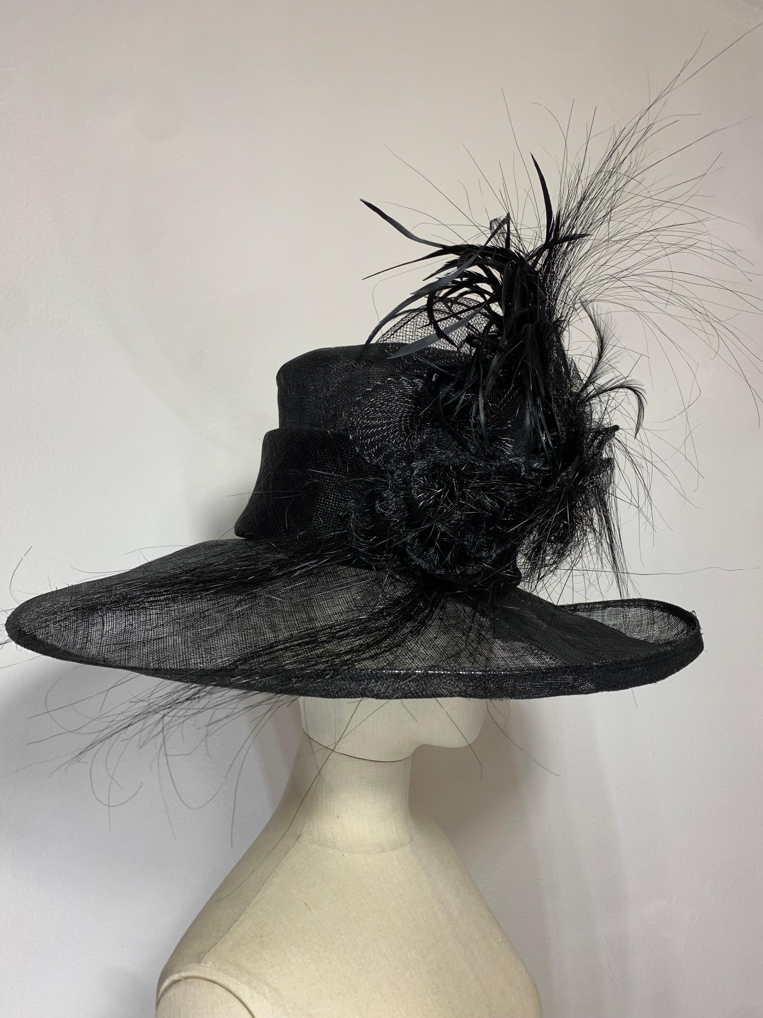 Maison Michel Spring/Summer Custom Made Black Straw Wide Brim Hat w Huge Feather For Sale 2